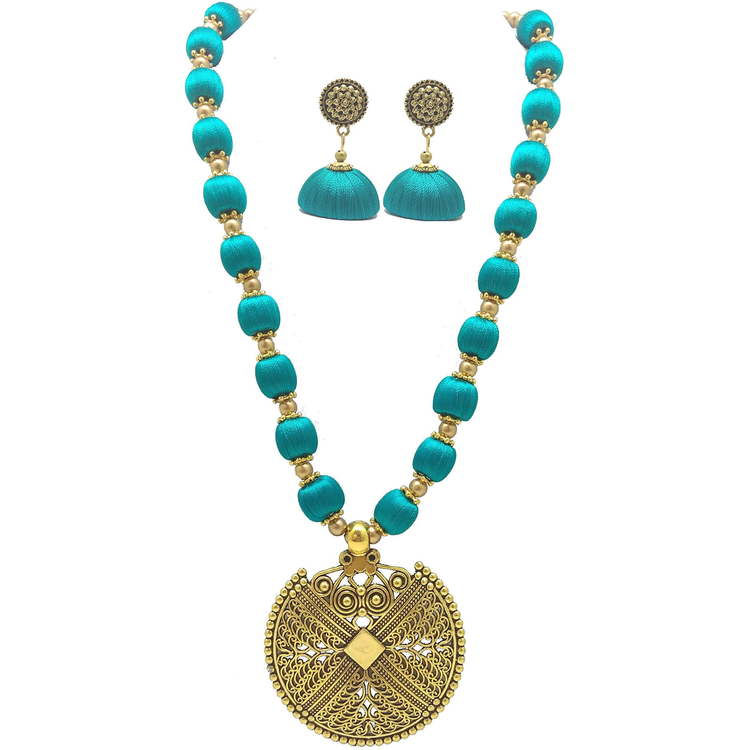 MDS FASHIONS Silk Thread Beads with Antique Net Chakkra Necklace and Earrings set for Beautiful Women (MDS-1073) (Peacock Blue)