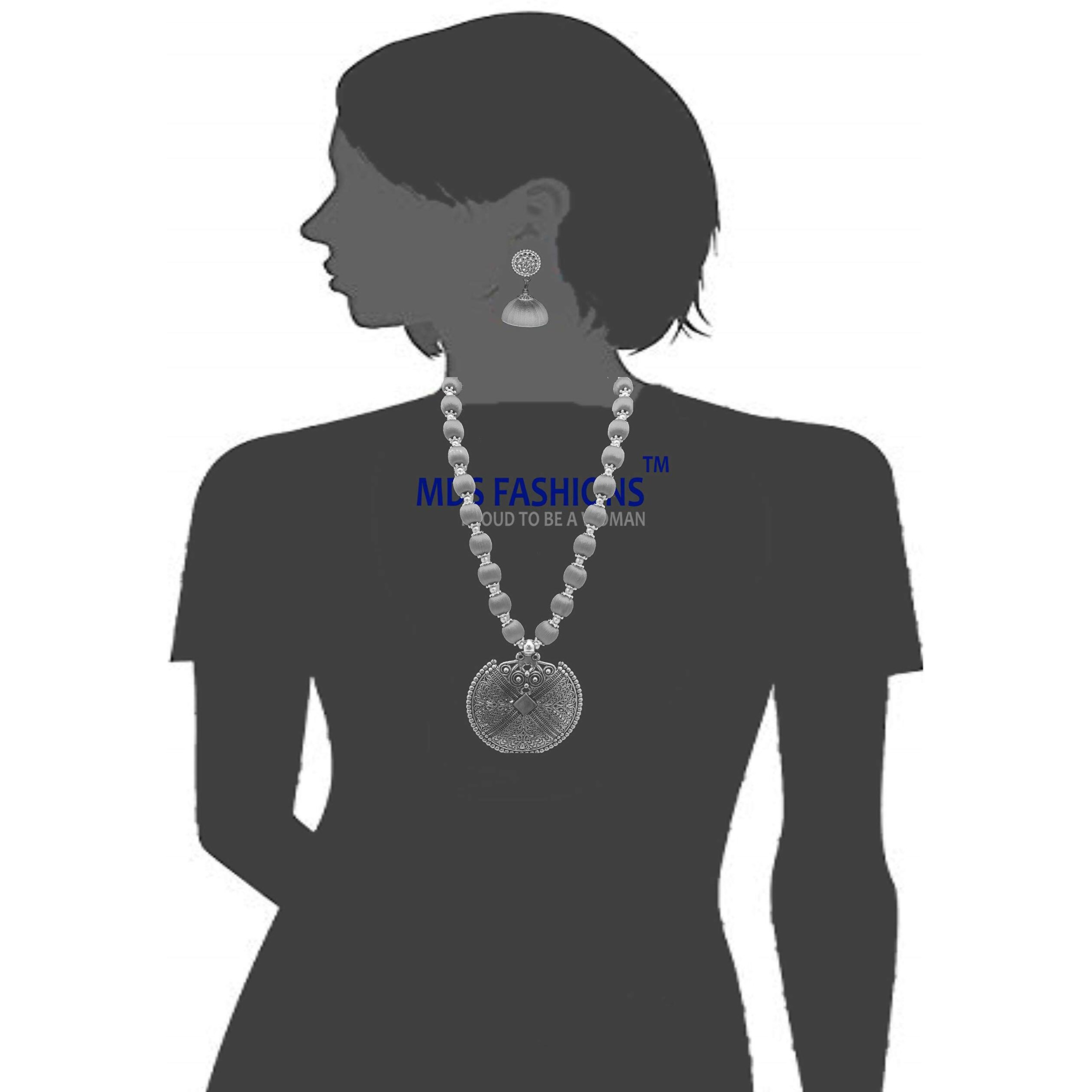 MDS FASHIONS Silk Thread Beads with Antique Net Chakkra Necklace and Earrings set for Beautiful Women (MDS-1073) (Peacock Blue)
