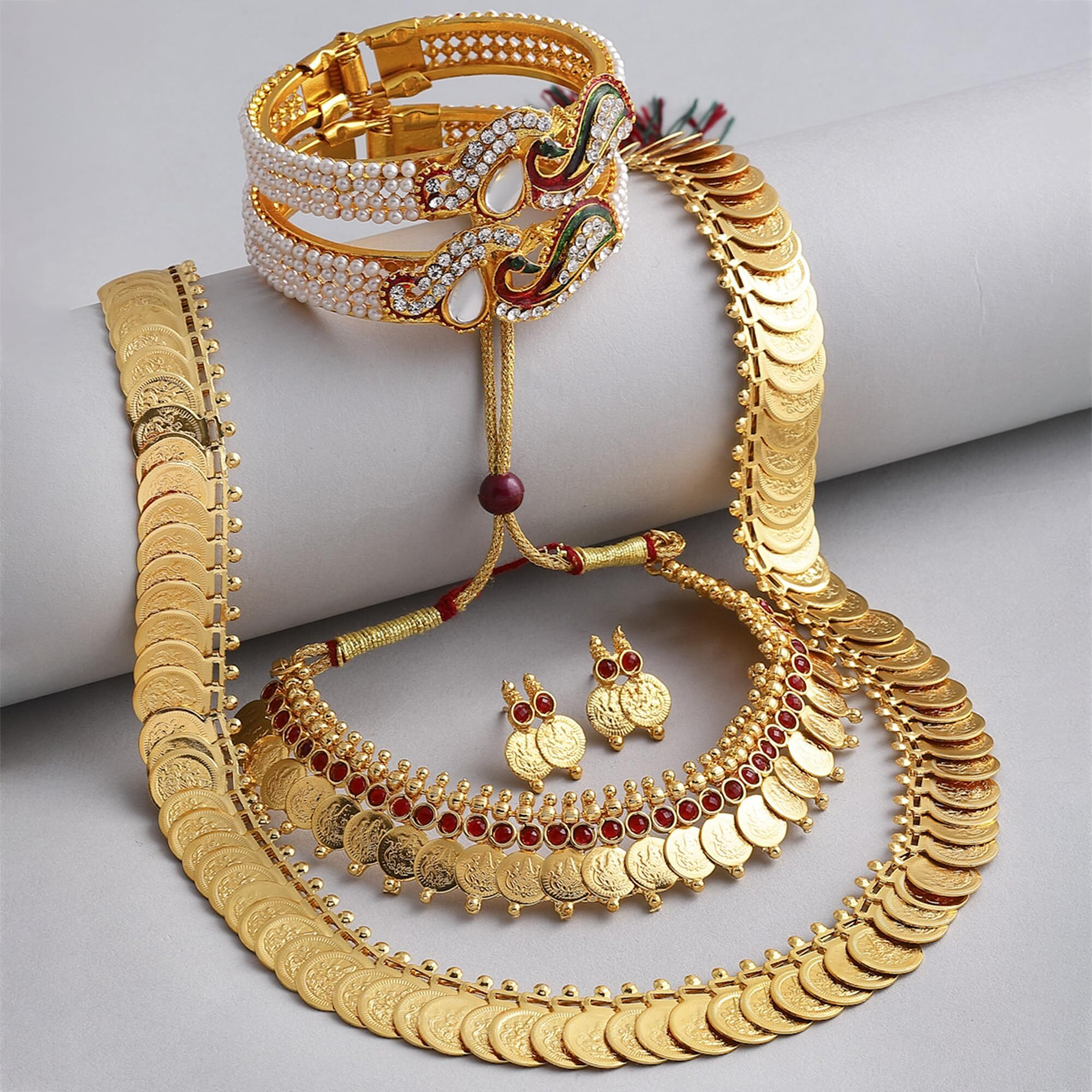 ZENEME Jewellery Gold Plated Bangle Set, Maharani Temple Coin Necklace Set, Short Red Green Necklace and Earrings for Women & Girls (peacock-3)