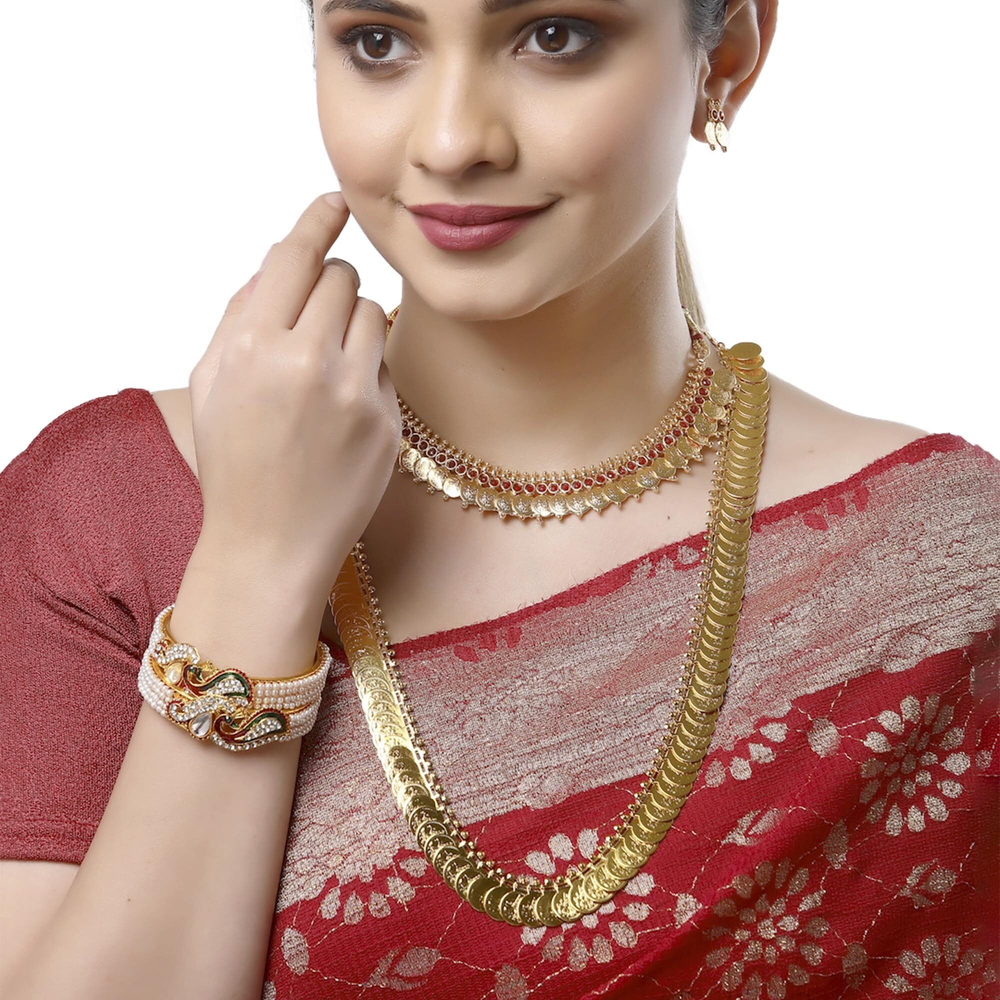 ZENEME Jewellery Gold Plated Bangle Set, Maharani Temple Coin Necklace Set, Short Red Green Necklace and Earrings for Women & Girls (peacock-3)