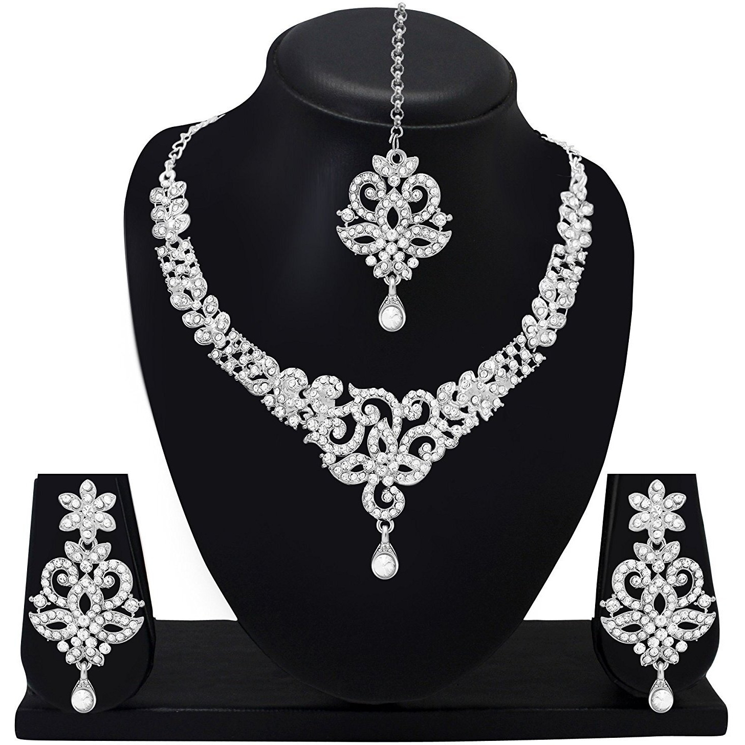 Atasi International Amazing Silver-Plated Alloy Choker Bridal Necklace Set/Jewelry with Earrings & Maang Tikka