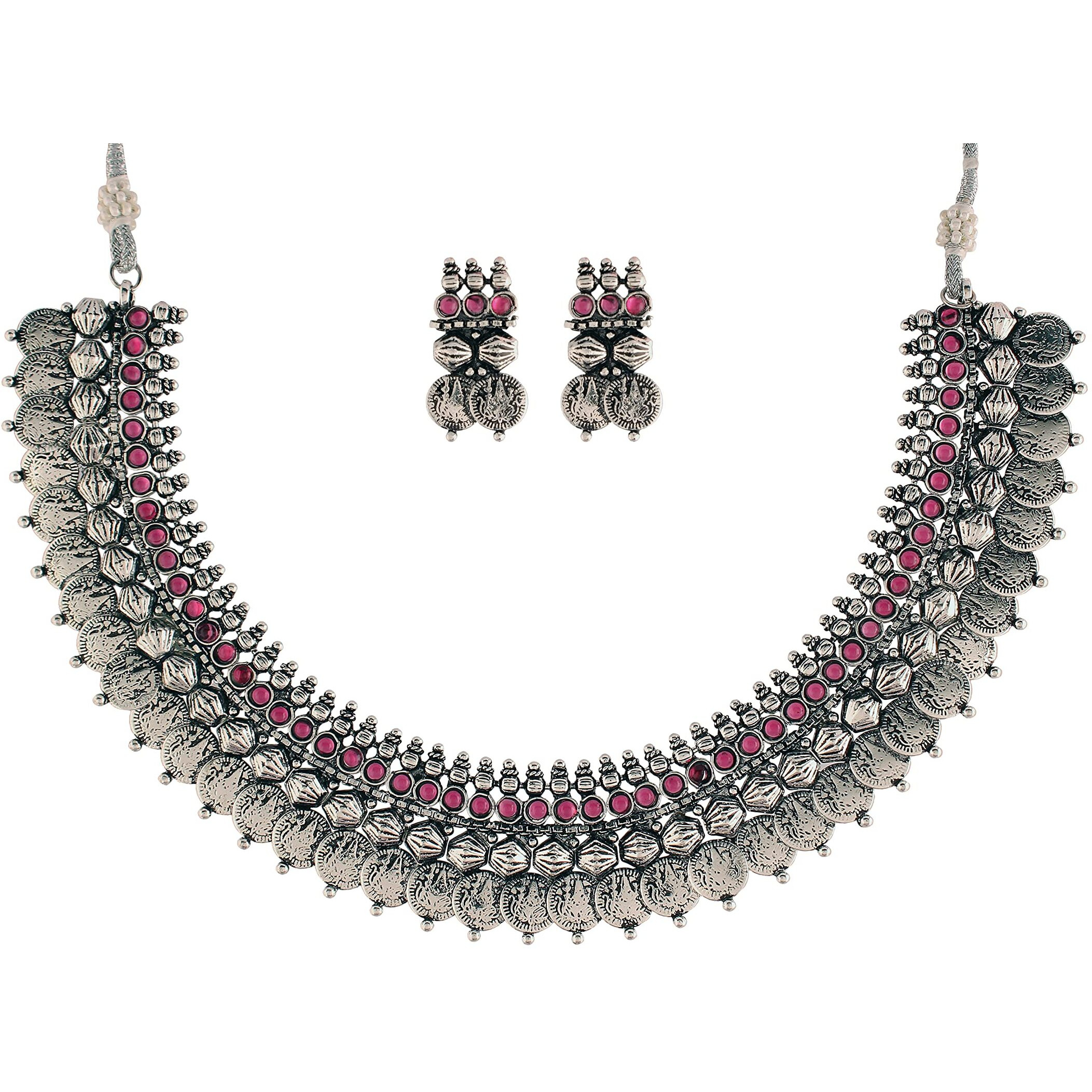I Jewels 18K Silver Oxidised Traditional Style Coin Necklace With Earrings For Women & Girls (MC062ZQ)