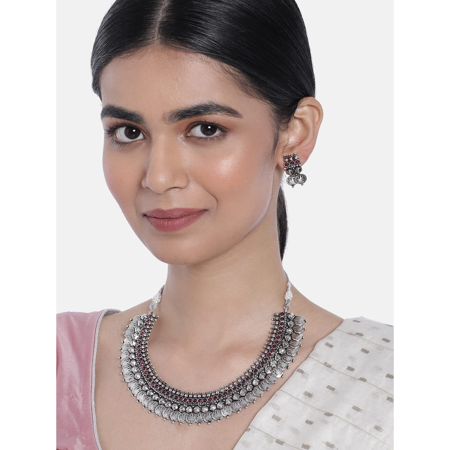I Jewels 18K Silver Oxidised Traditional Style Coin Necklace With Earrings For Women & Girls (MC062ZQ)