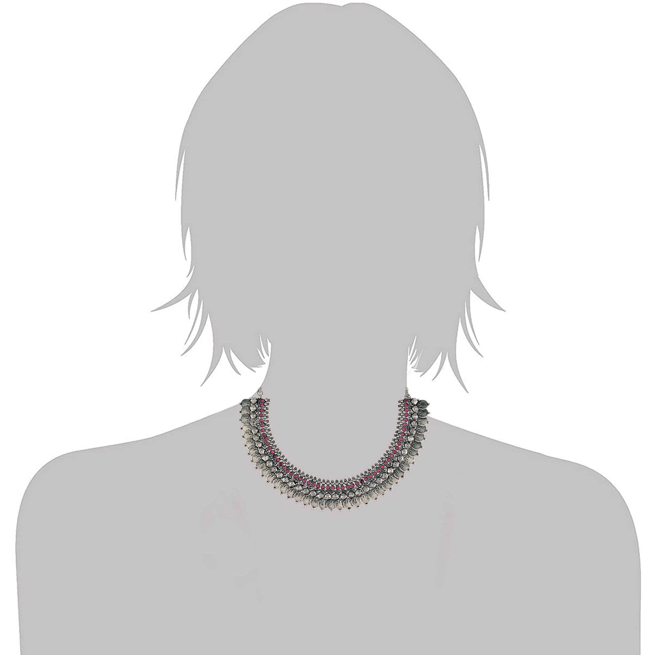 I Jewels 18K Silver Oxidised Traditional Style Coin Necklace With Earrings For Women & Girls (MC062ZQ)