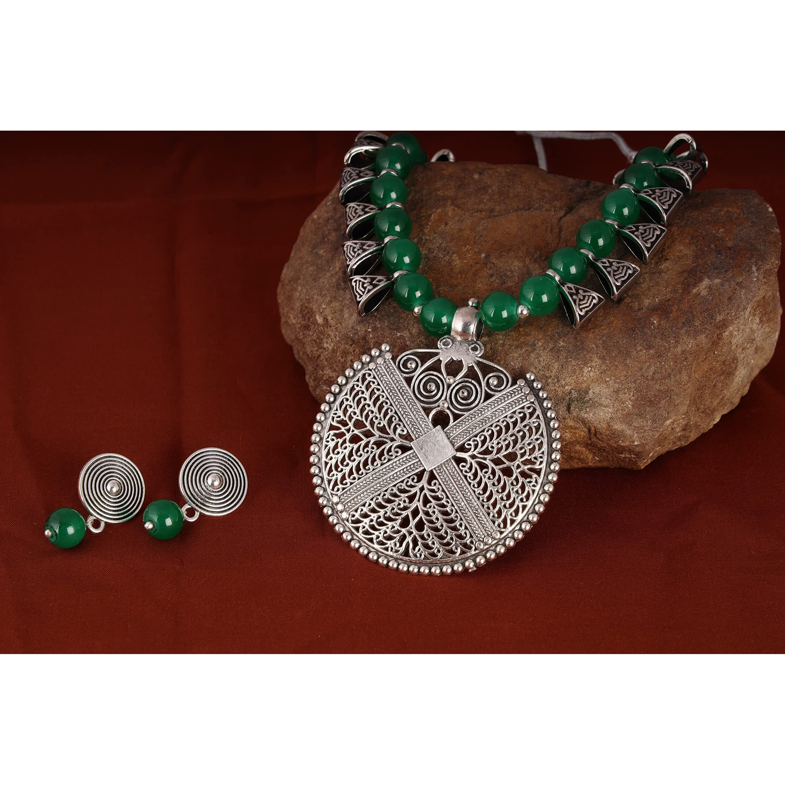 JFL - Jewellery for Less Womens Contemporary Fashion German Silver Oxidized and Beaded Choker Necklace Set with Adjustable Thread (Green),Valentine