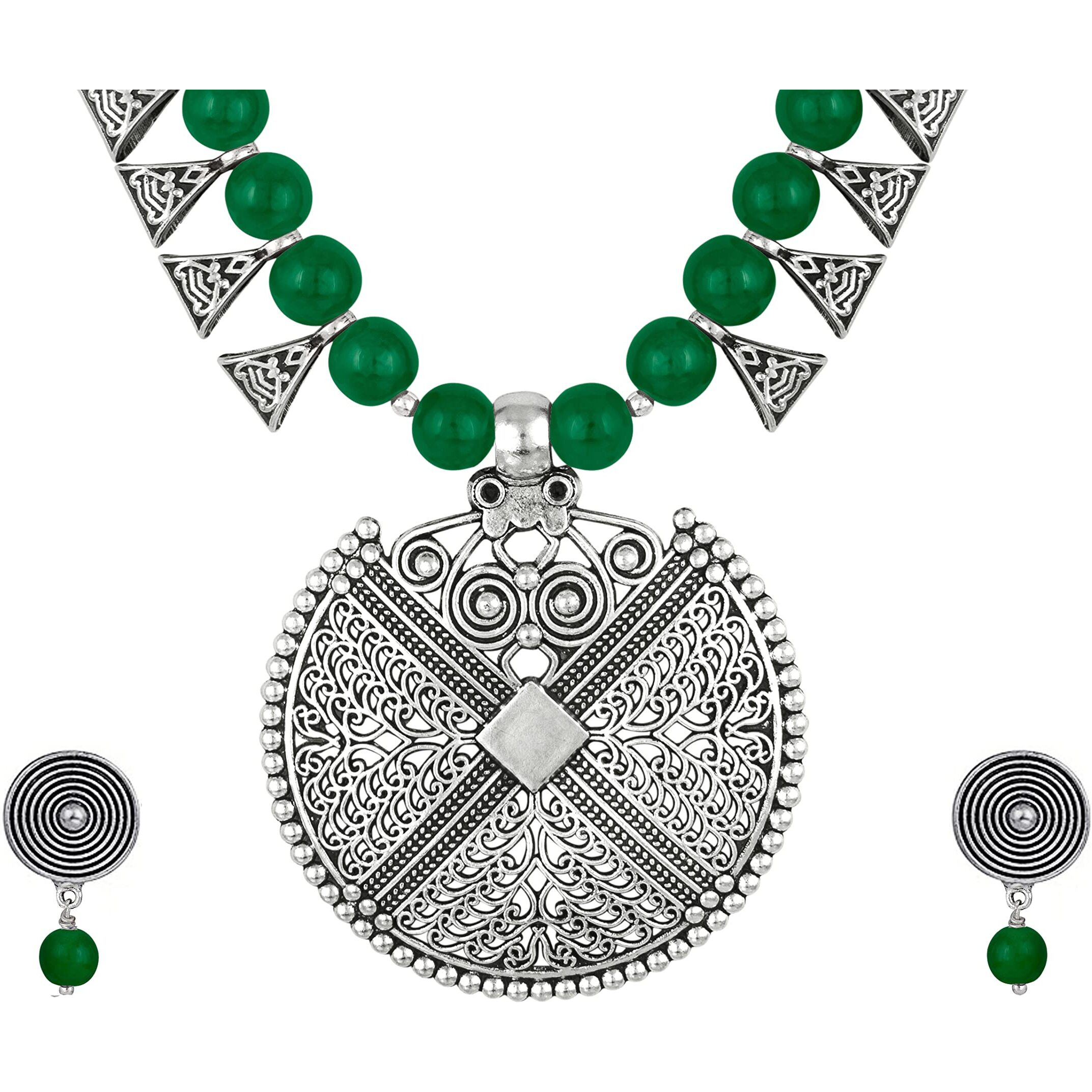 JFL - Jewellery for Less Womens Contemporary Fashion German Silver Oxidized and Beaded Choker Necklace Set with Adjustable Thread (Green),Valentine