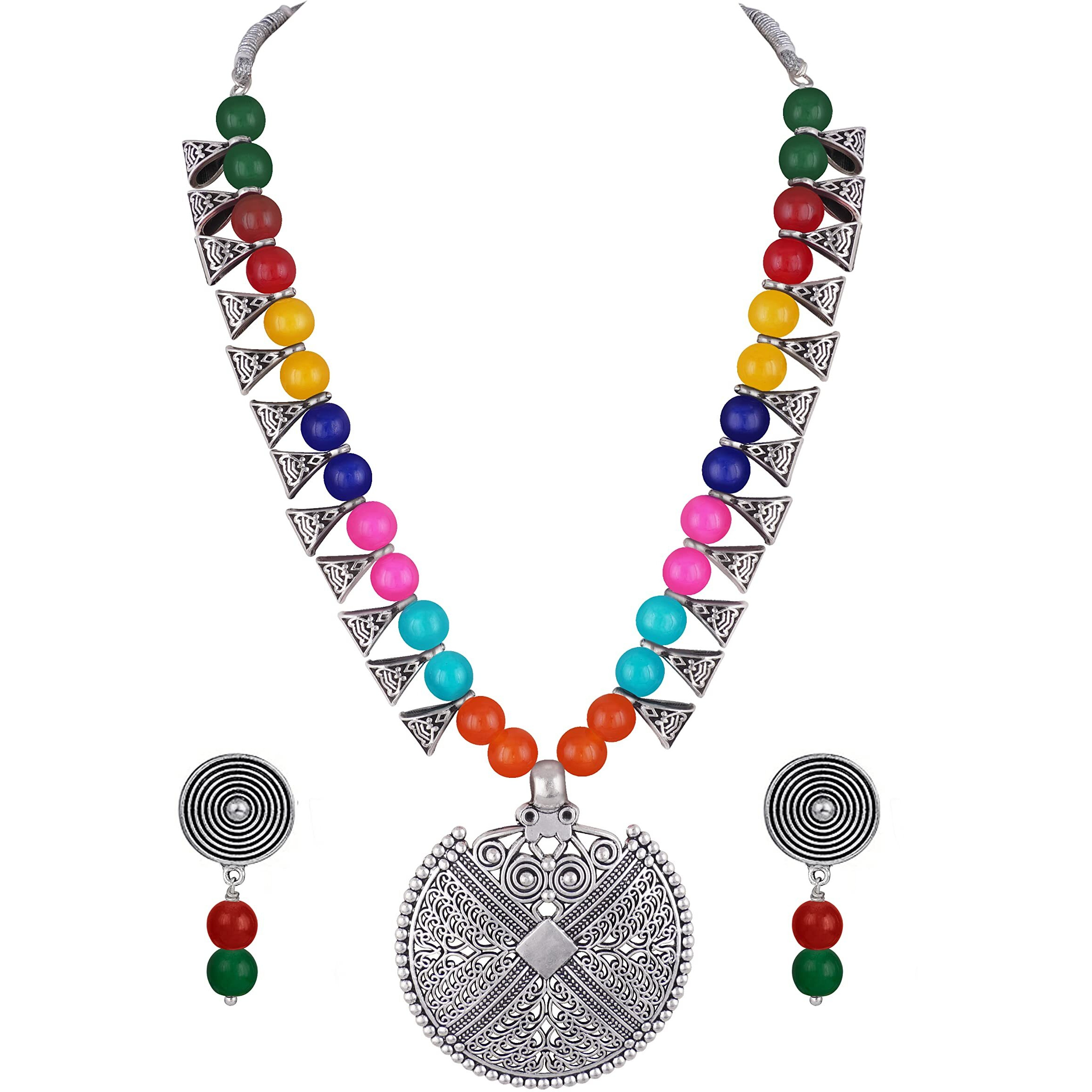 JFL - Jewellery for Less Womens Contemporary Fashion German Silver Oxidized and Beaded Choker Necklace Set with Adjustable Thread (Multicolor),Valentine