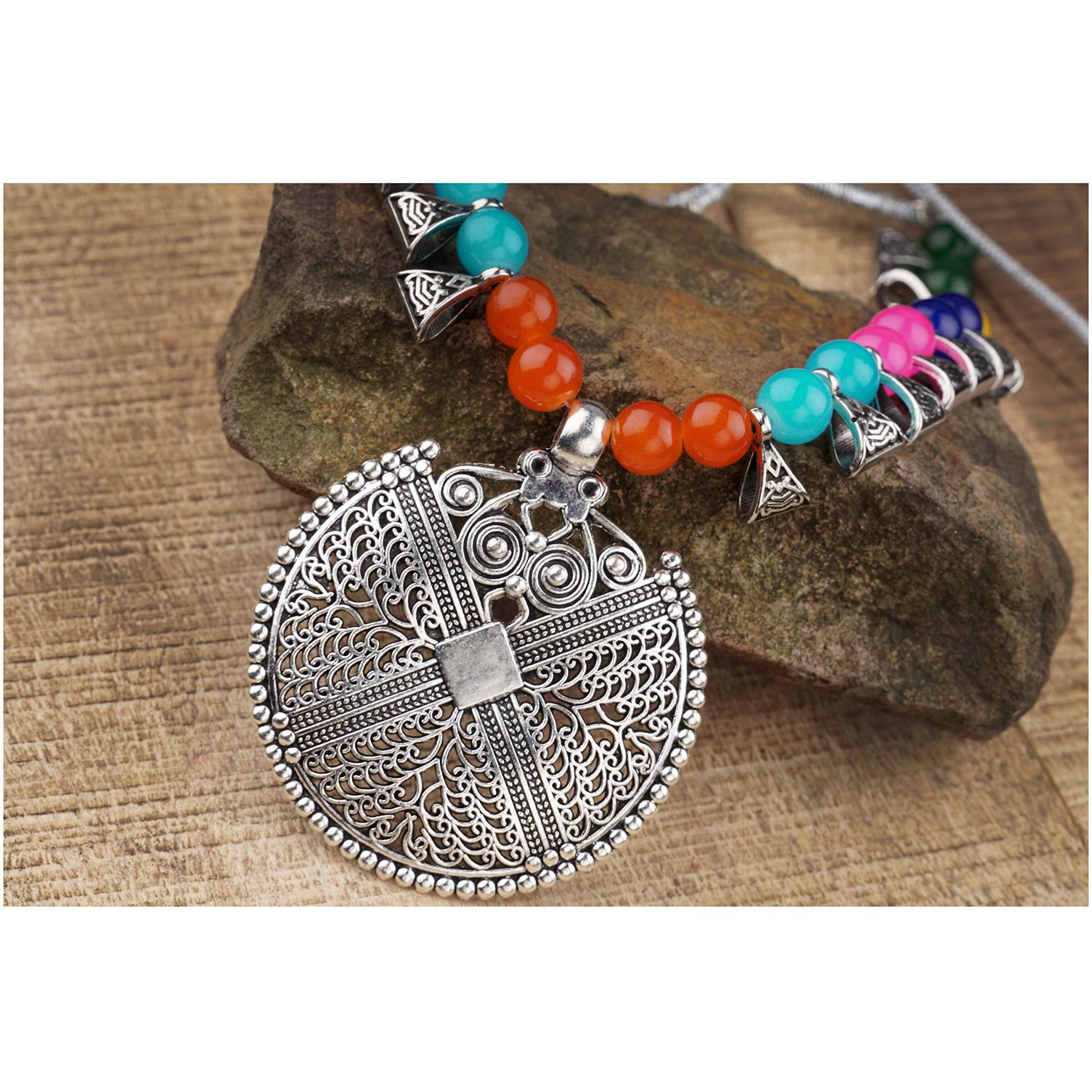 JFL - Jewellery for Less Womens Contemporary Fashion German Silver Oxidized and Beaded Choker Necklace Set with Adjustable Thread (Multicolor),Valentine