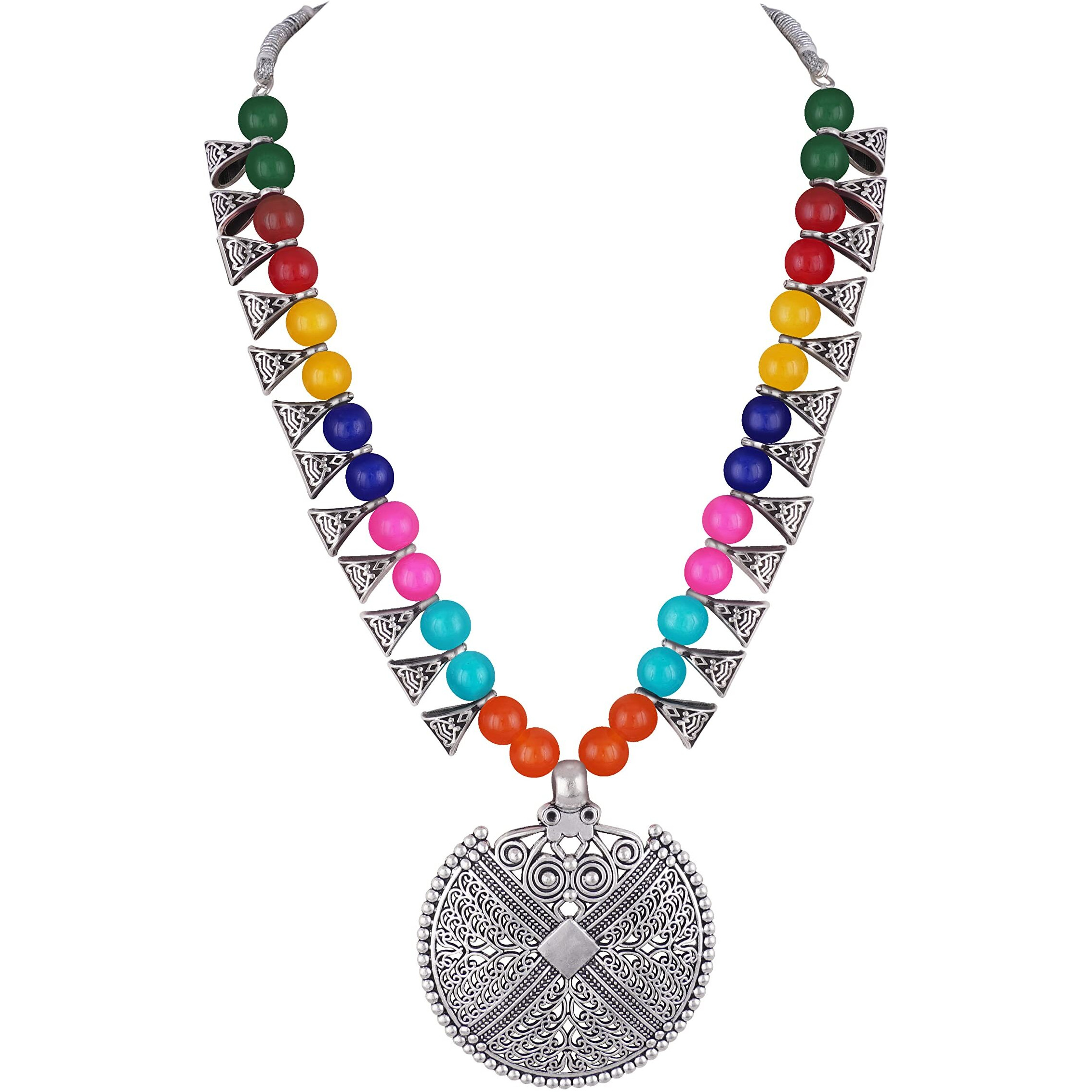 JFL - Jewellery for Less Womens Contemporary Fashion German Silver Oxidized and Beaded Choker Necklace Set with Adjustable Thread (Multicolor),Valentine