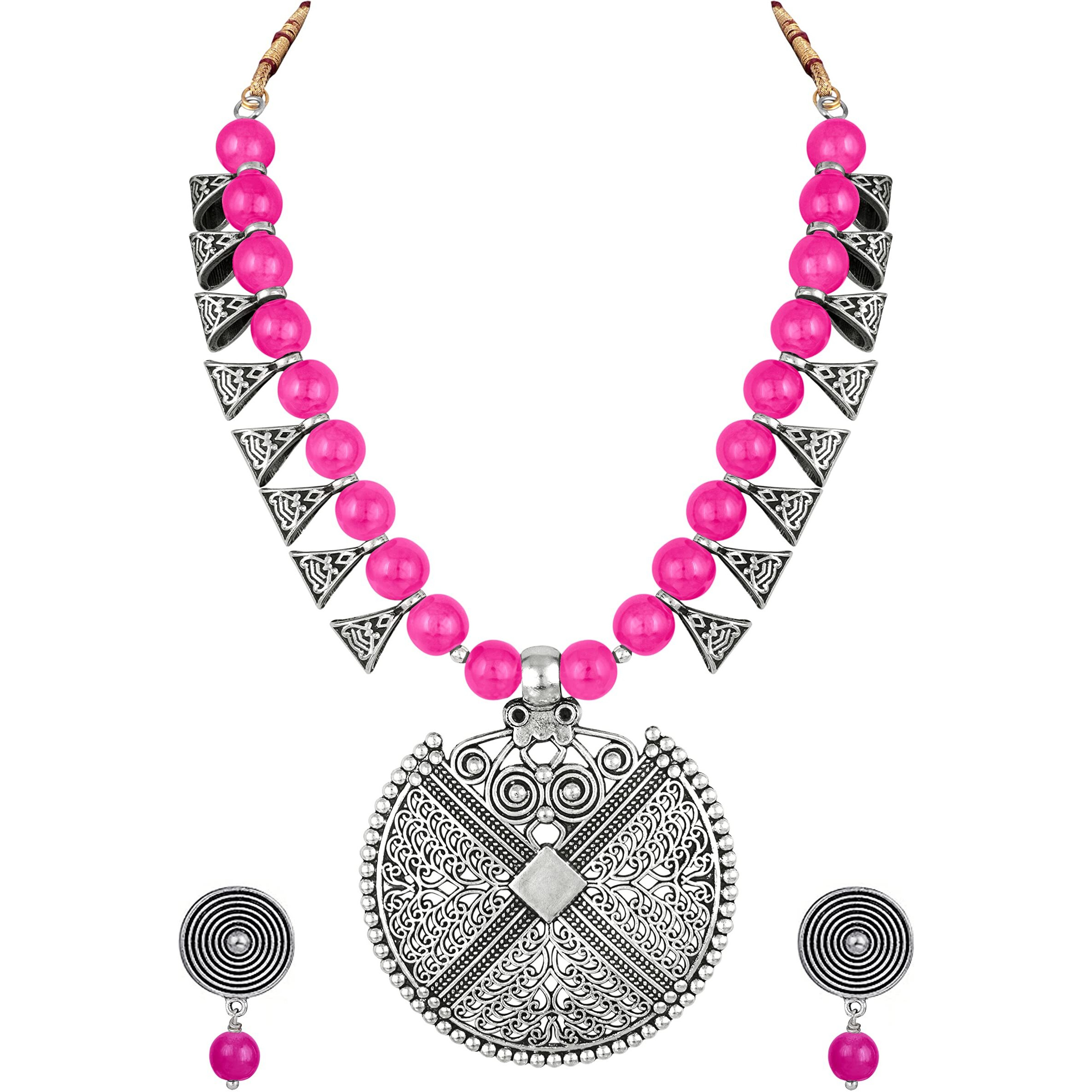 JFL - Jewellery for Less Womens Contemporary Fashion German Silver Oxidized and Beaded Choker Necklace Set with Adjustable Thread (Pink),Valentine