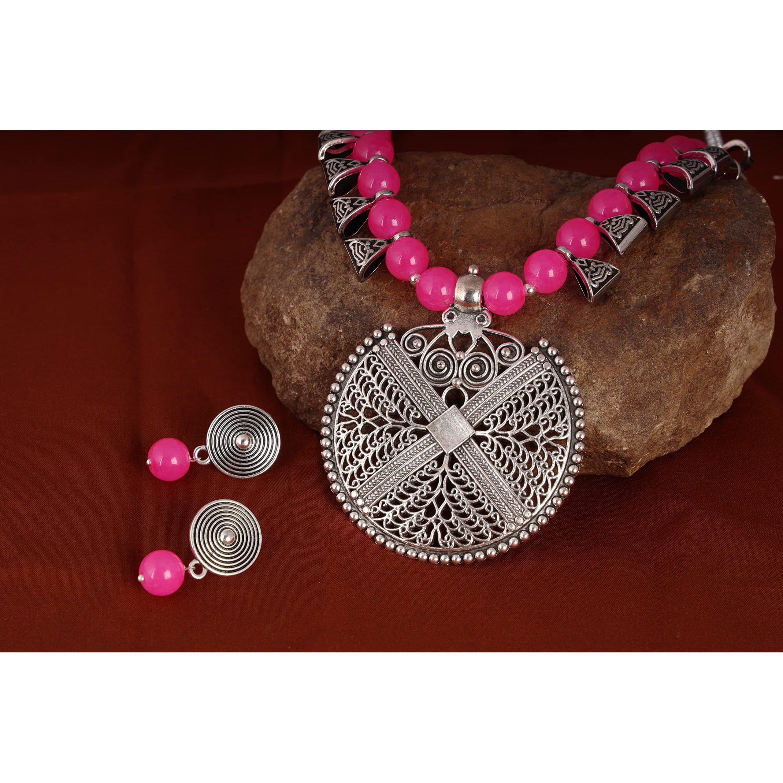 JFL - Jewellery for Less Womens Contemporary Fashion German Silver Oxidized and Beaded Choker Necklace Set with Adjustable Thread (Pink),Valentine