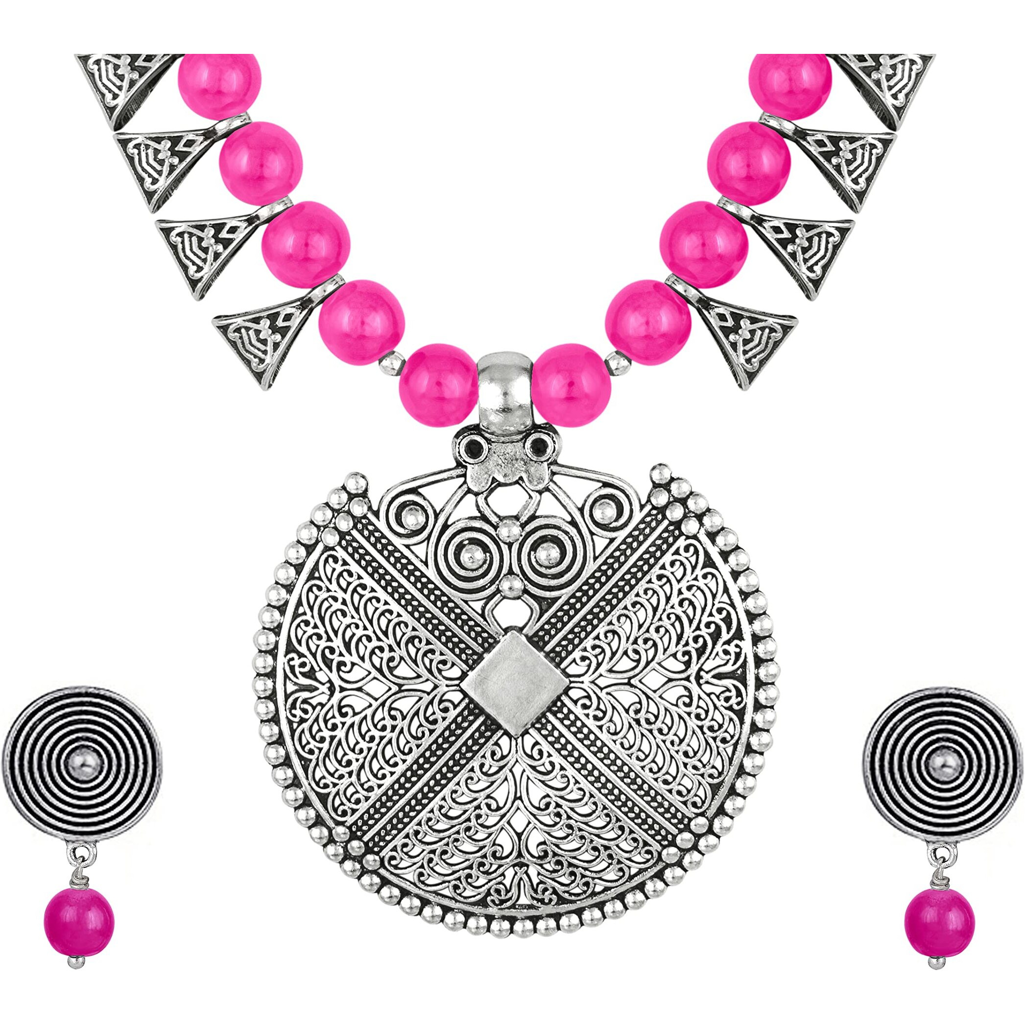 JFL - Jewellery for Less Womens Contemporary Fashion German Silver Oxidized and Beaded Choker Necklace Set with Adjustable Thread (Pink),Valentine