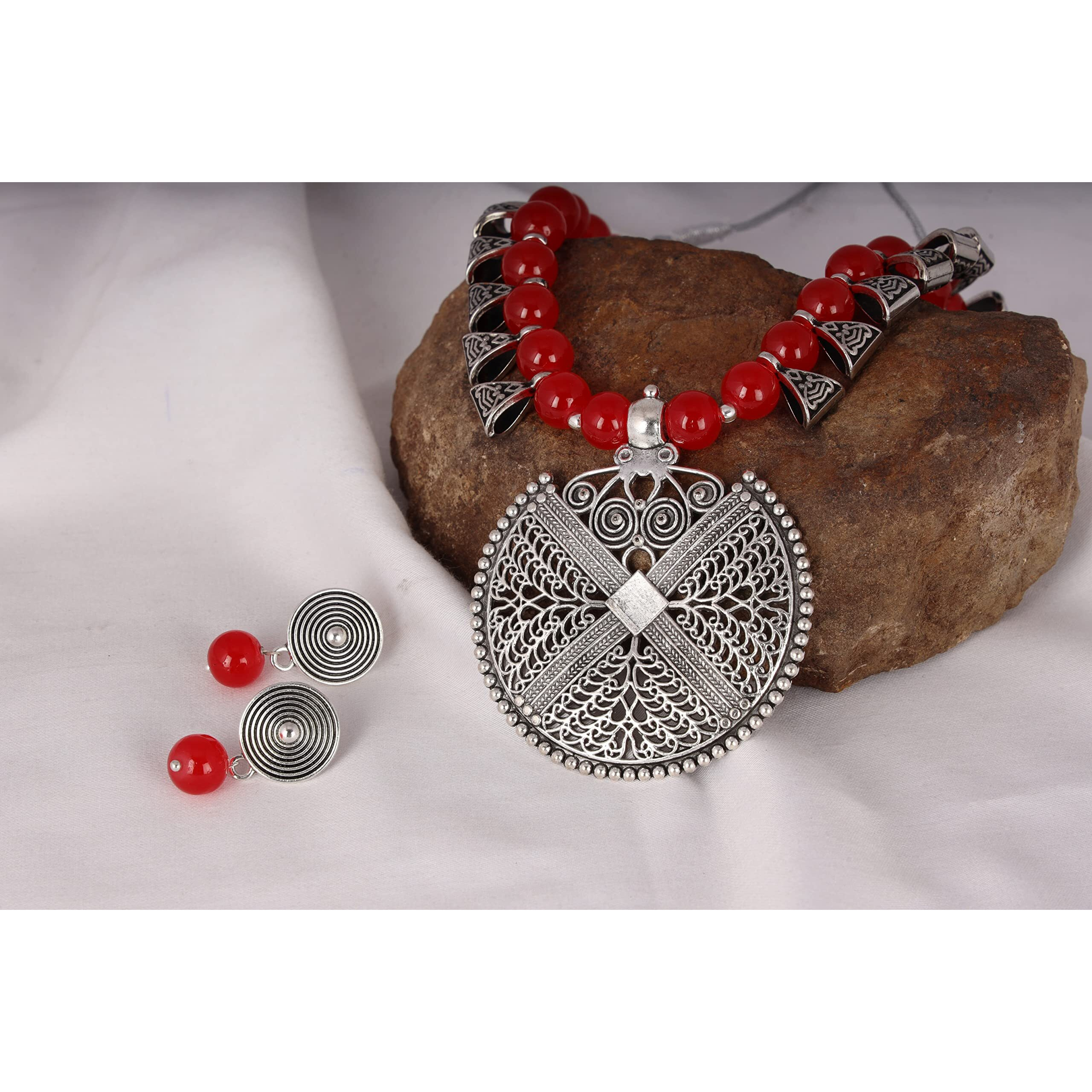 JFL - Jewellery for Less Womens Contemporary Fashion German Silver Oxidized and Beaded Choker Necklace Set with Adjustable Thread (Red),Valentine