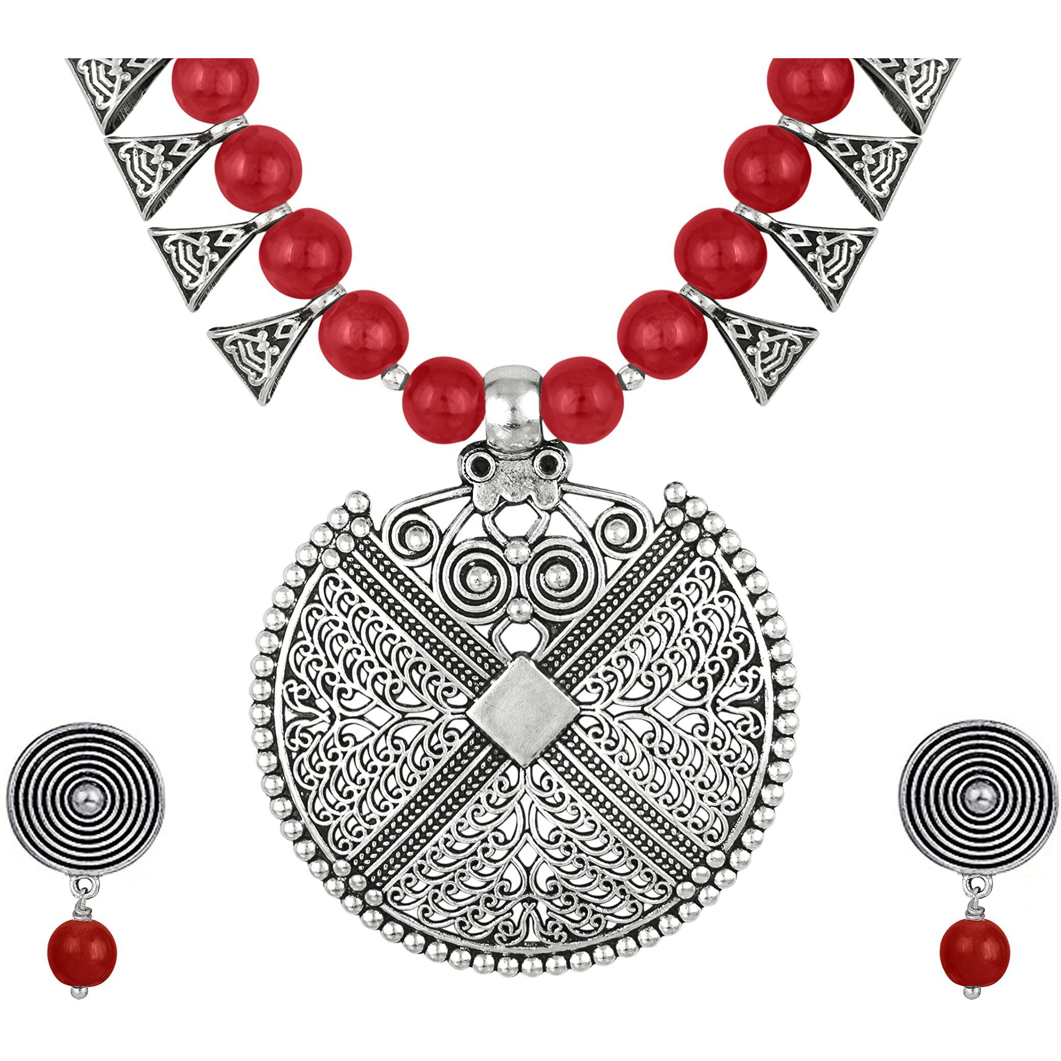 JFL - Jewellery for Less Womens Contemporary Fashion German Silver Oxidized and Beaded Choker Necklace Set with Adjustable Thread (Red),Valentine