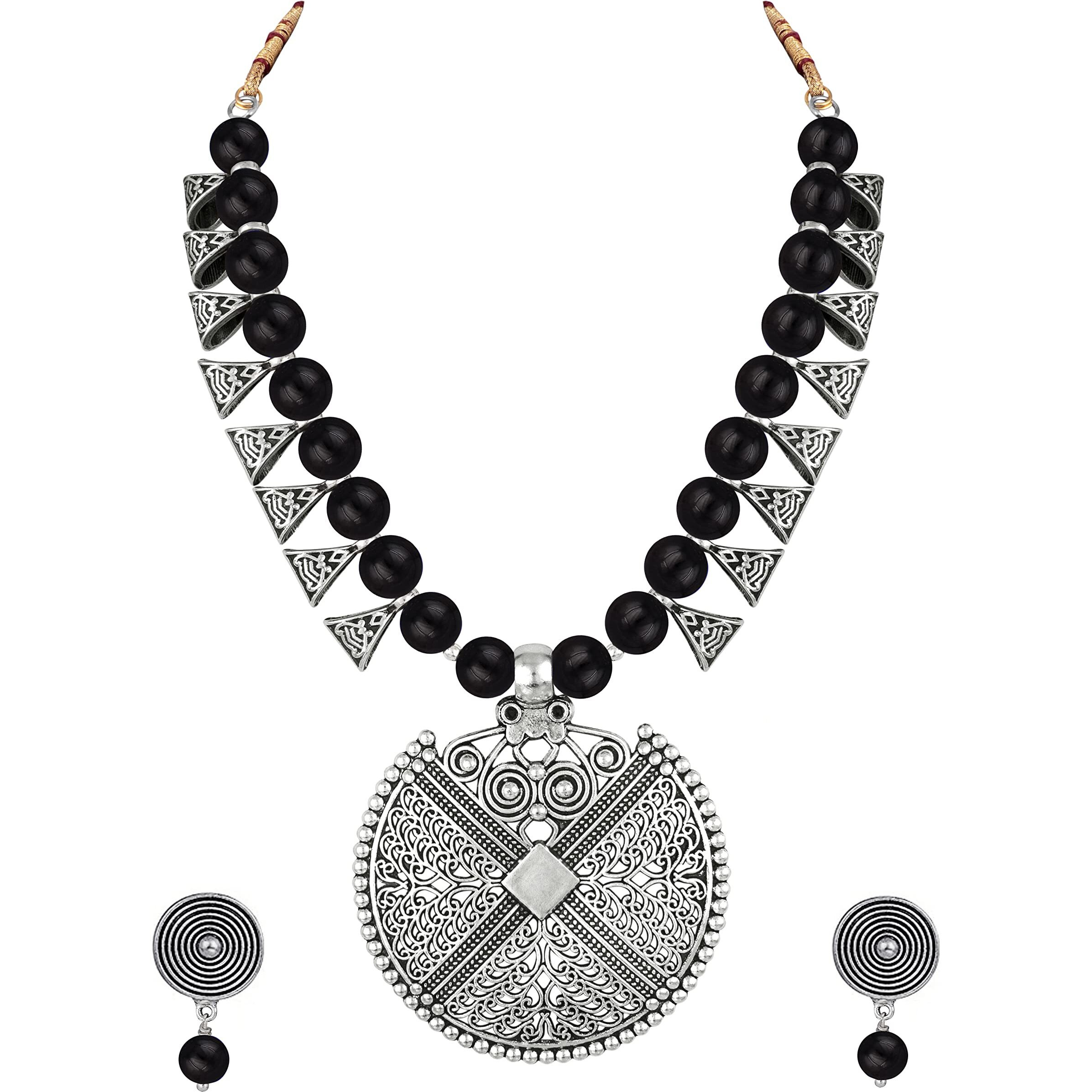 JFL - Jewellery for Less Womens Contemporary Fashion German Silver Oxidized and Beaded Choker Necklace Set with Adjustable Thread (Black),Valentine
