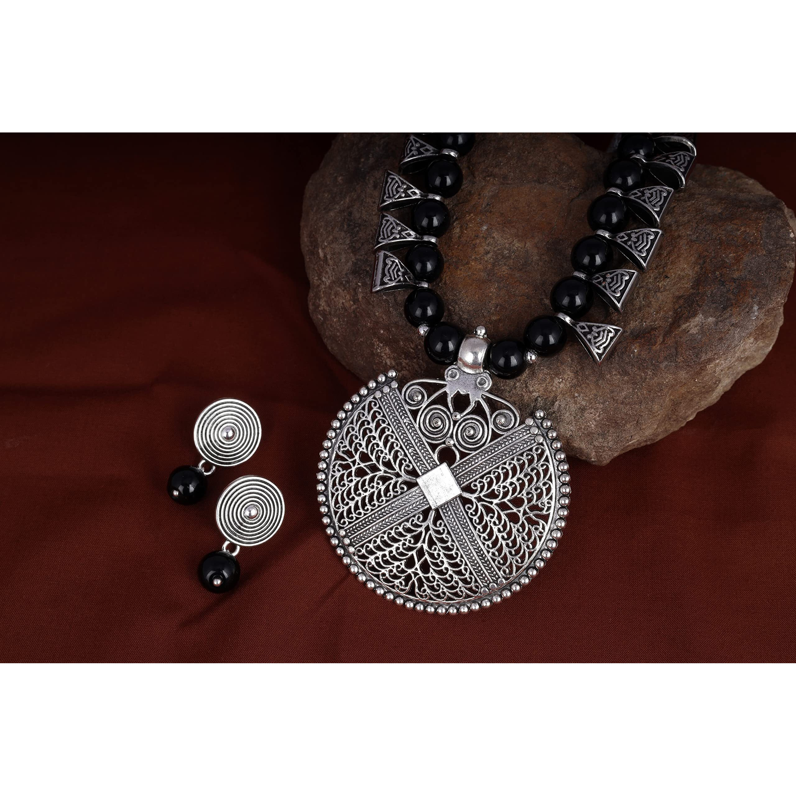 JFL - Jewellery for Less Womens Contemporary Fashion German Silver Oxidized and Beaded Choker Necklace Set with Adjustable Thread (Black),Valentine