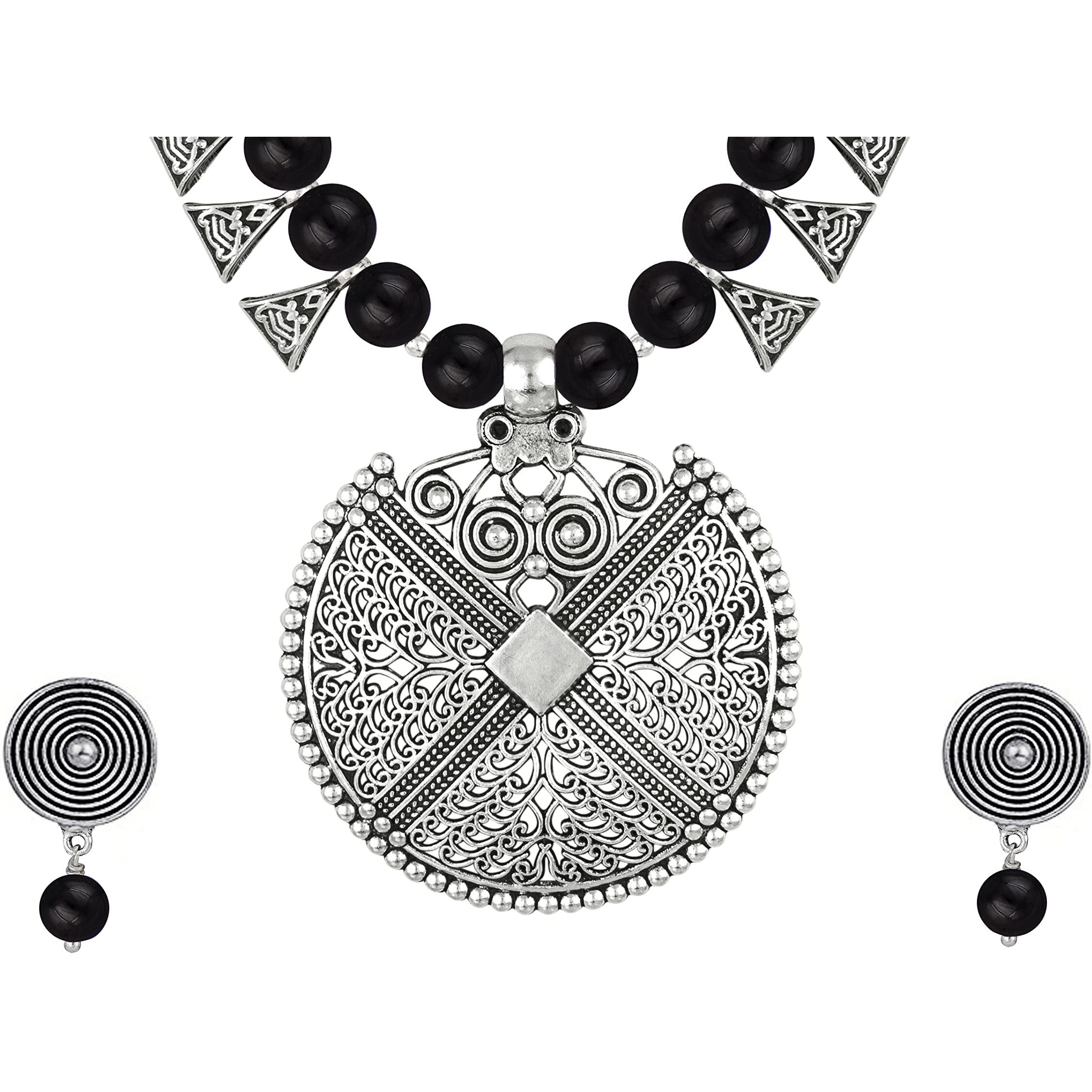 JFL - Jewellery for Less Womens Contemporary Fashion German Silver Oxidized and Beaded Choker Necklace Set with Adjustable Thread (Black),Valentine