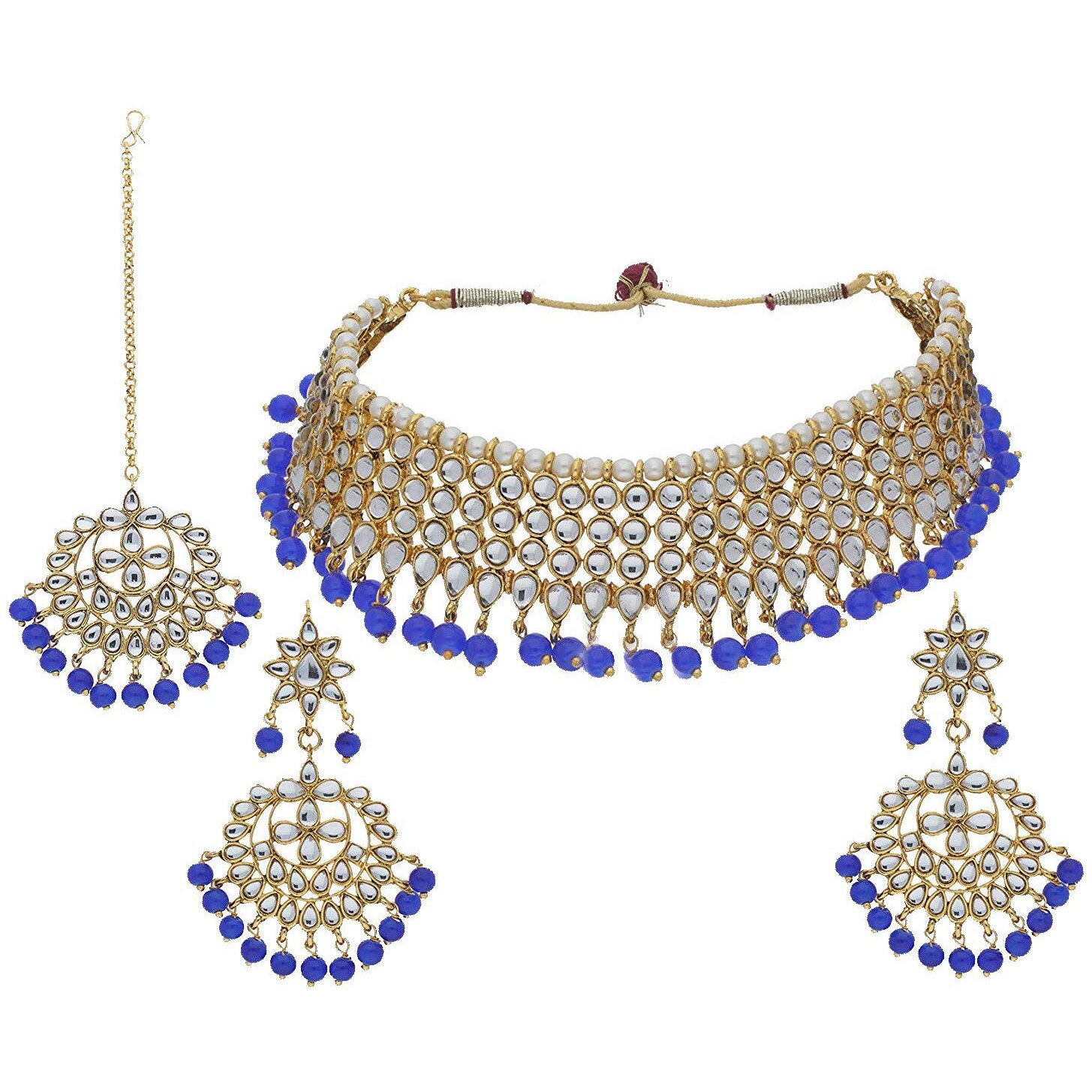 I Jewels 18K Gold Plated Traditional Handcrafted Kundan & Pearl Studded Choker Necklace Jewellery Set with Earrings & Maang Tikka (K7075Bl) For Womens