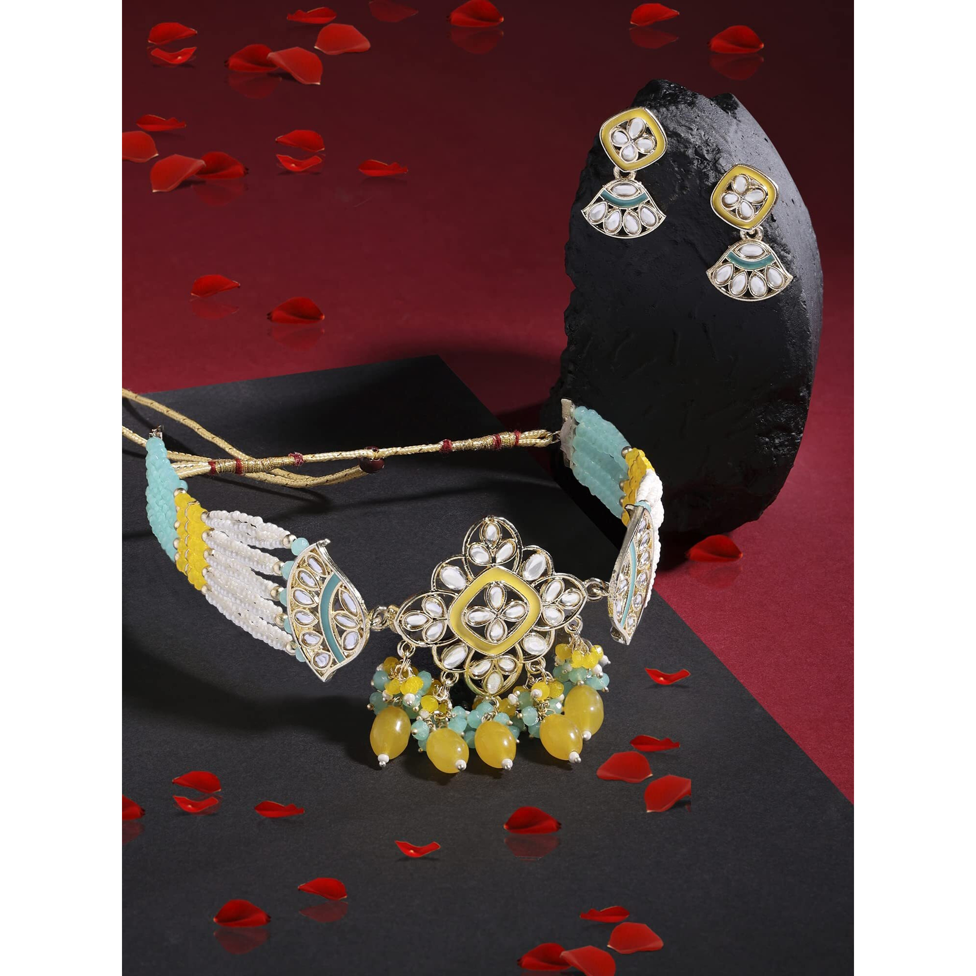 ZAVERI PEARLS Turquoise & Yellow Crystal Multistrand Kundan Choker Necklace & Earring Set For Women-ZPFK15642