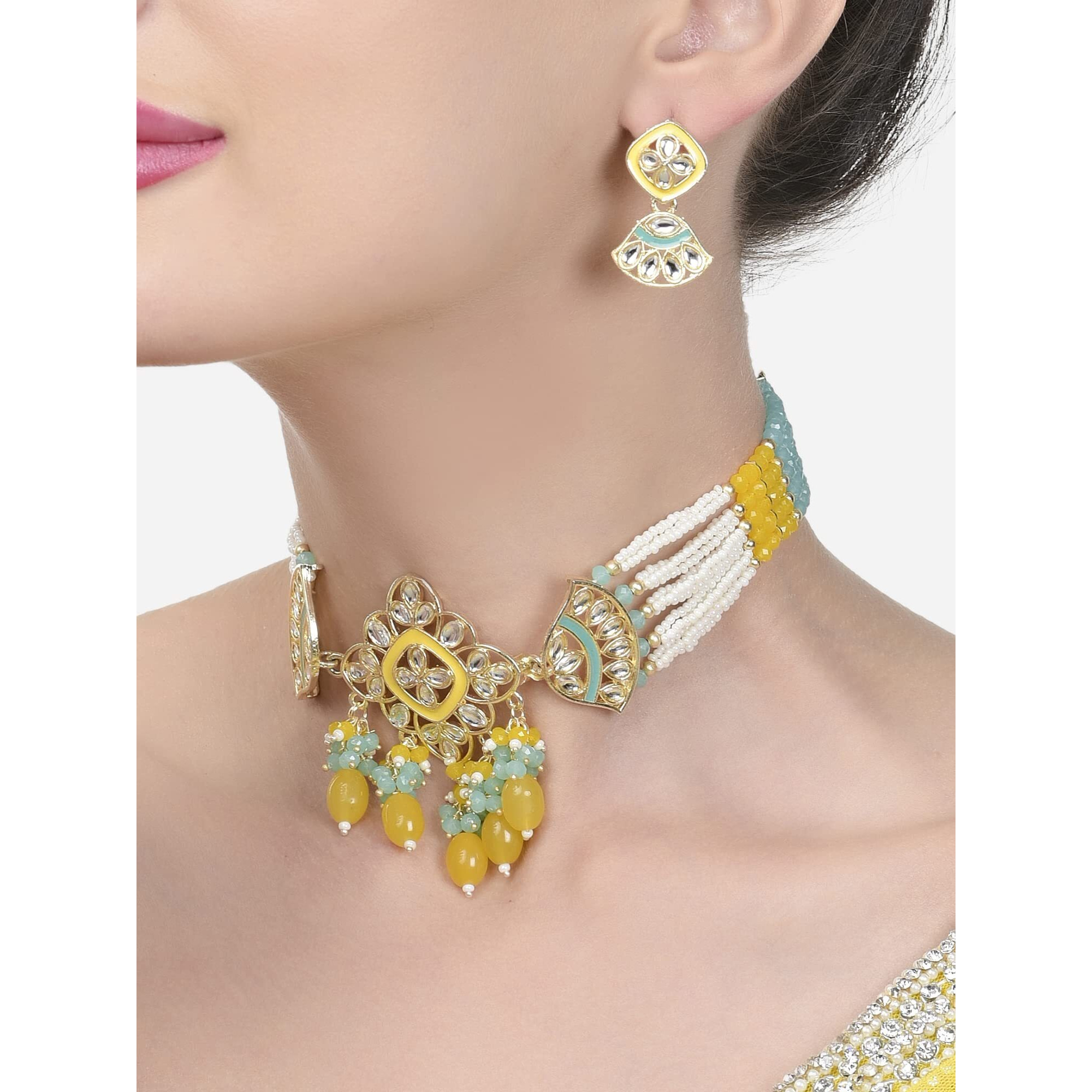 ZAVERI PEARLS Turquoise & Yellow Crystal Multistrand Kundan Choker Necklace & Earring Set For Women-ZPFK15642