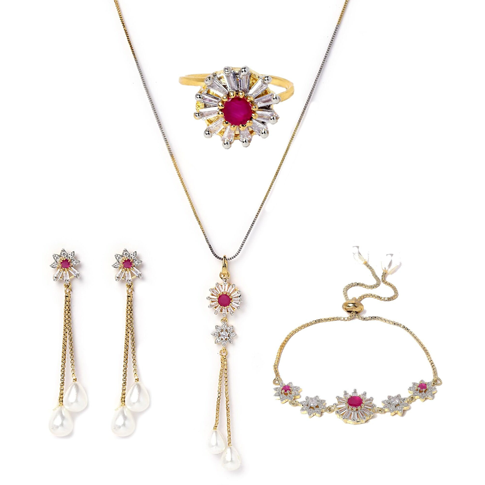 ZENEME Jewellery Set Gold Plated American Diamond Ruby Colored Necklace Set with Earring, Ring and Bracelet Jewellery For Women and Girls