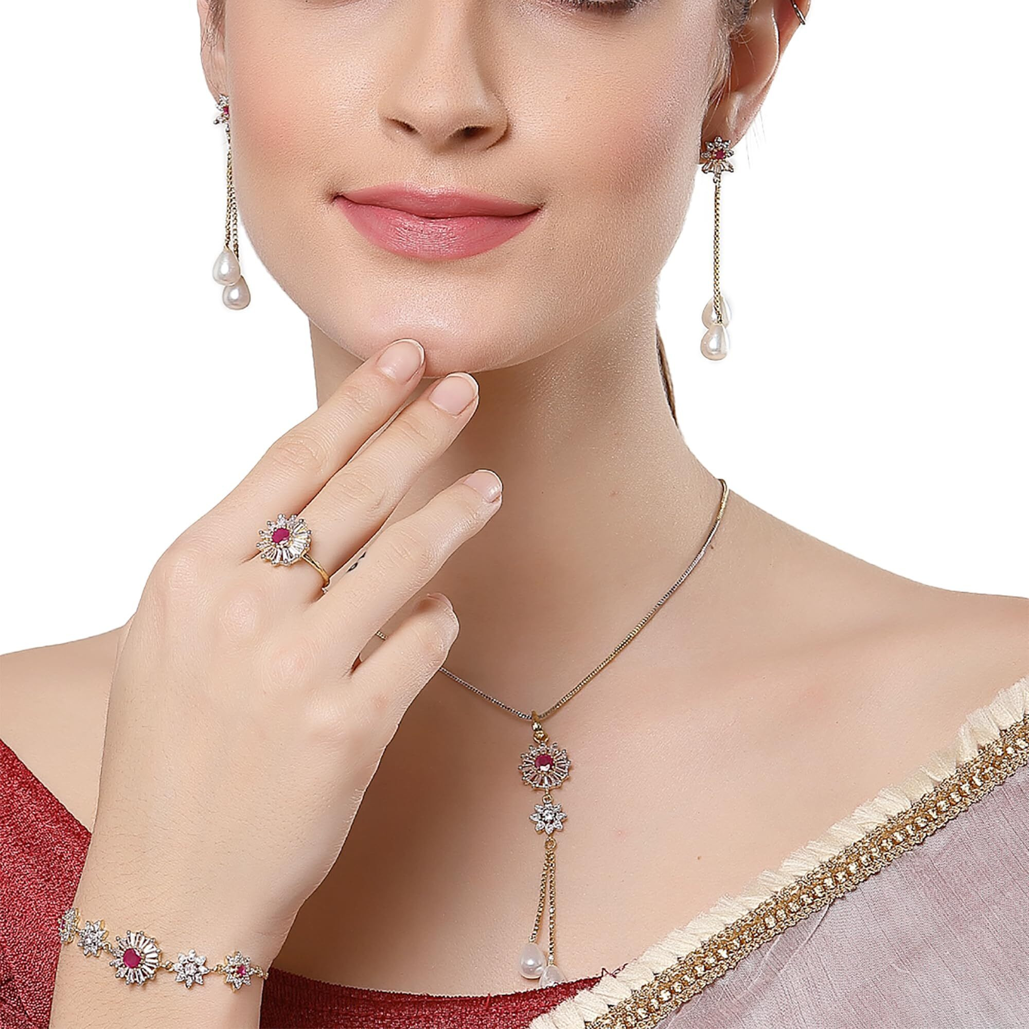ZENEME Jewellery Set Gold Plated American Diamond Ruby Colored Necklace Set with Earring, Ring and Bracelet Jewellery For Women and Girls
