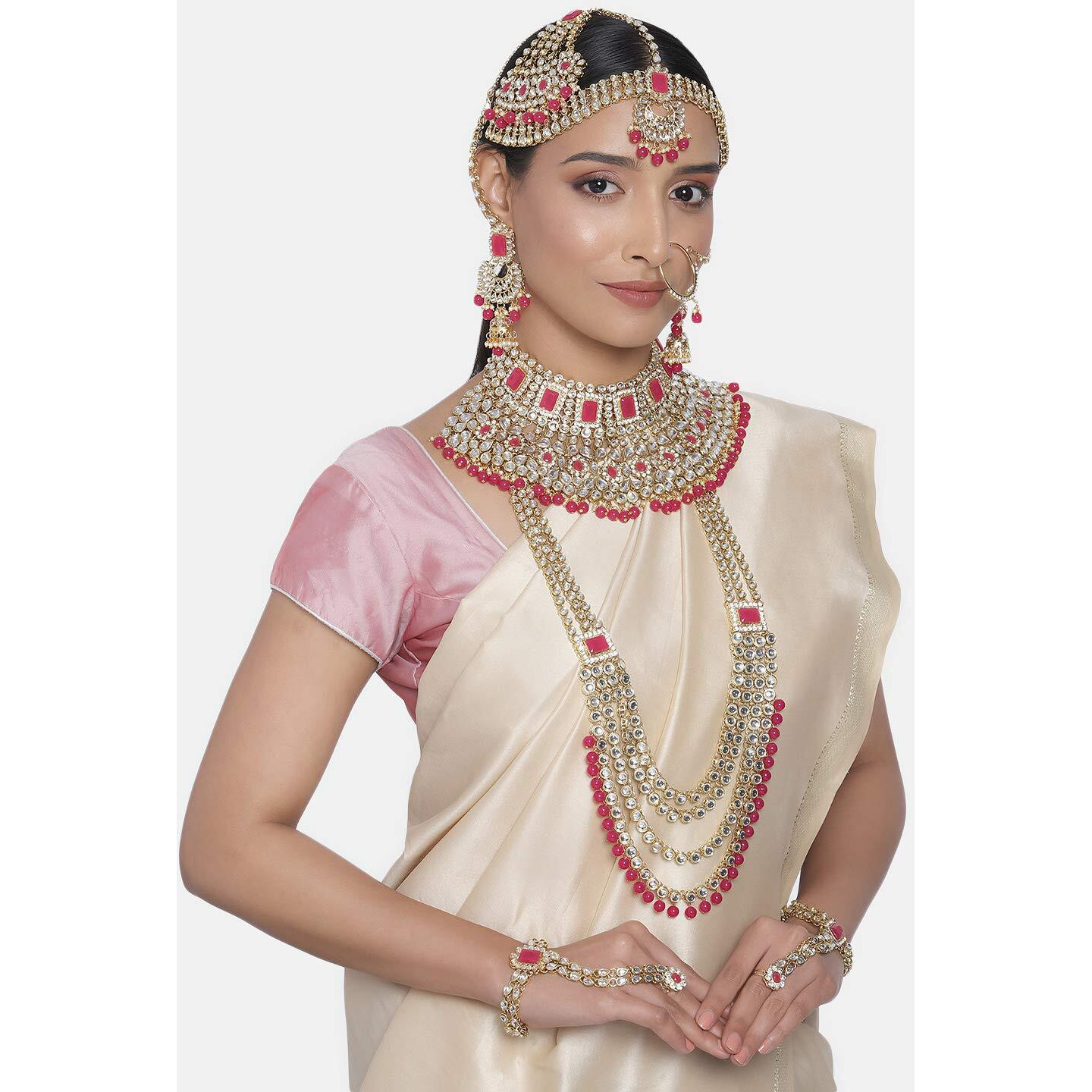 Peora Ethnic Indian Traditional Gold Plated Kundan Dulhan Bridal Jewellery Set Choker Earrings Maang Tikka Hathphool for Women Girls