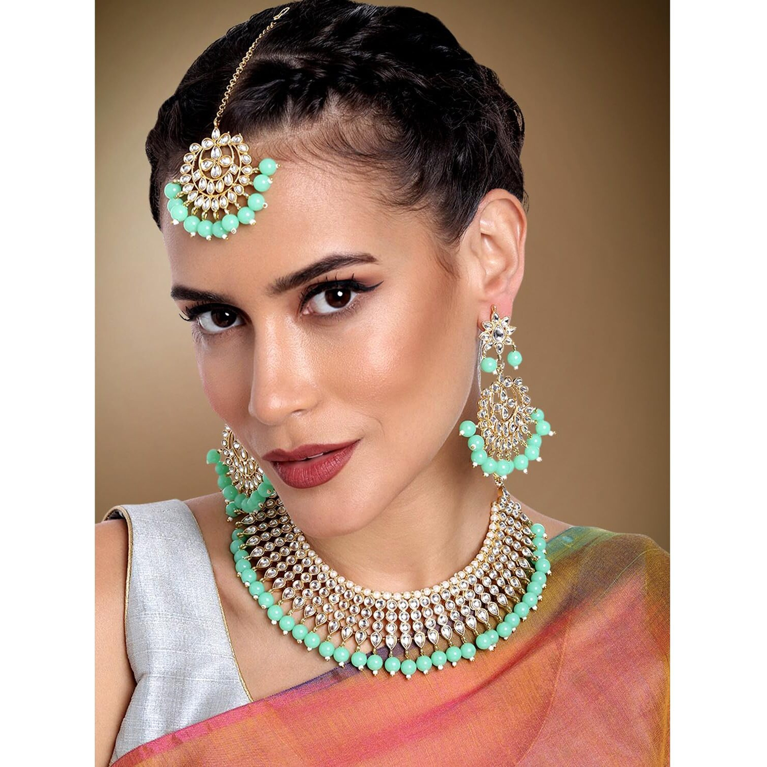 Peora 18K Gold Plated Traditional Kundan Pearl Mint Faux Pearl Choker Necklace with Earring Maang Tikka Jewellery Set for Women Girls