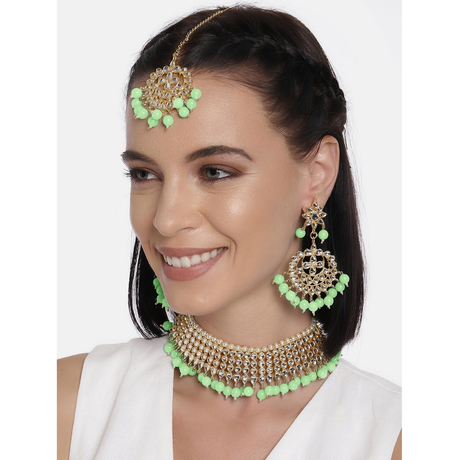 Peora 18K Gold Plated Traditional Kundan Pearl Mint Faux Pearl Choker Necklace with Earring Maang Tikka Jewellery Set for Women Girls