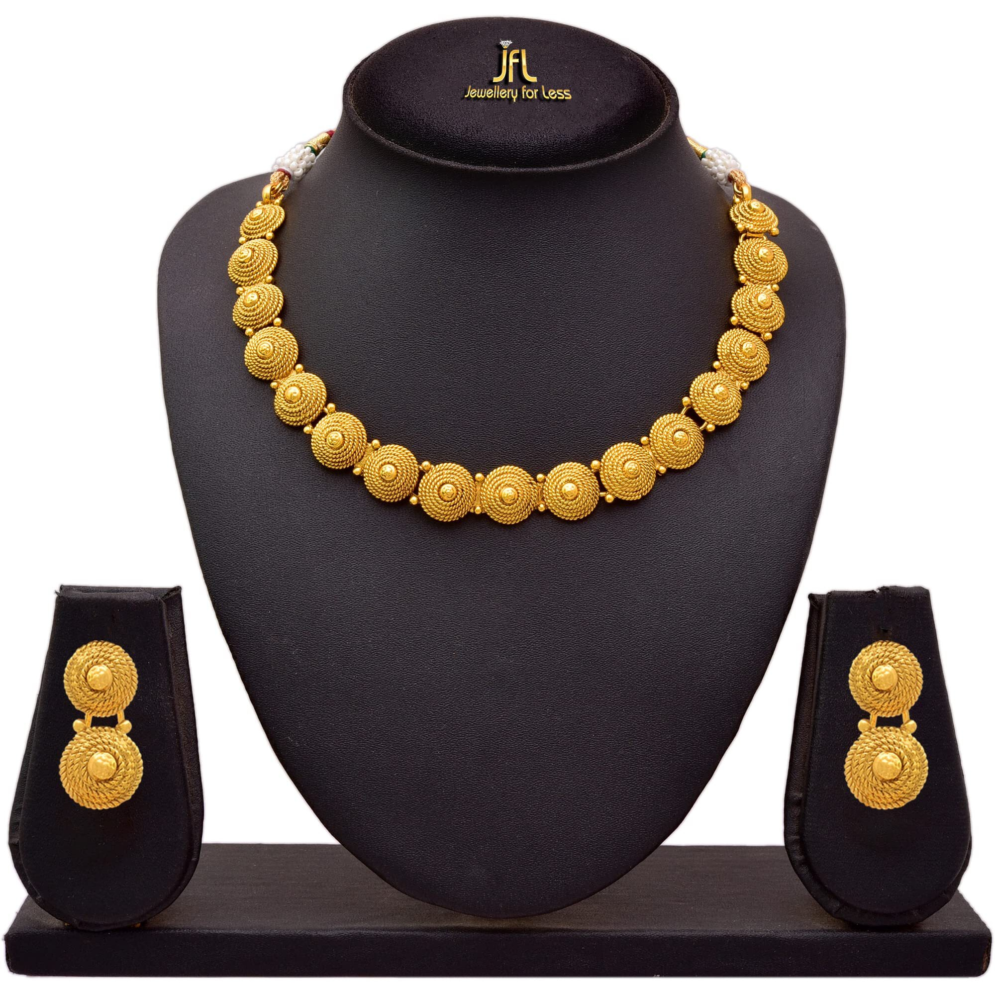 JFL - Jewellery for Less Traditional Ethnic One Gram Gold Plated Spiral Bead Designer Necklace Set with Earring for Women & Girls,Valentine