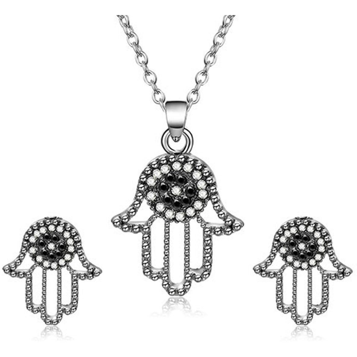 Young & Forever Gift Timeless Treasure Dvine black swarovski zirconia hamsa hand pendant set for women stylish princess length delicat silver plated chain stud earring jewelry set for girls