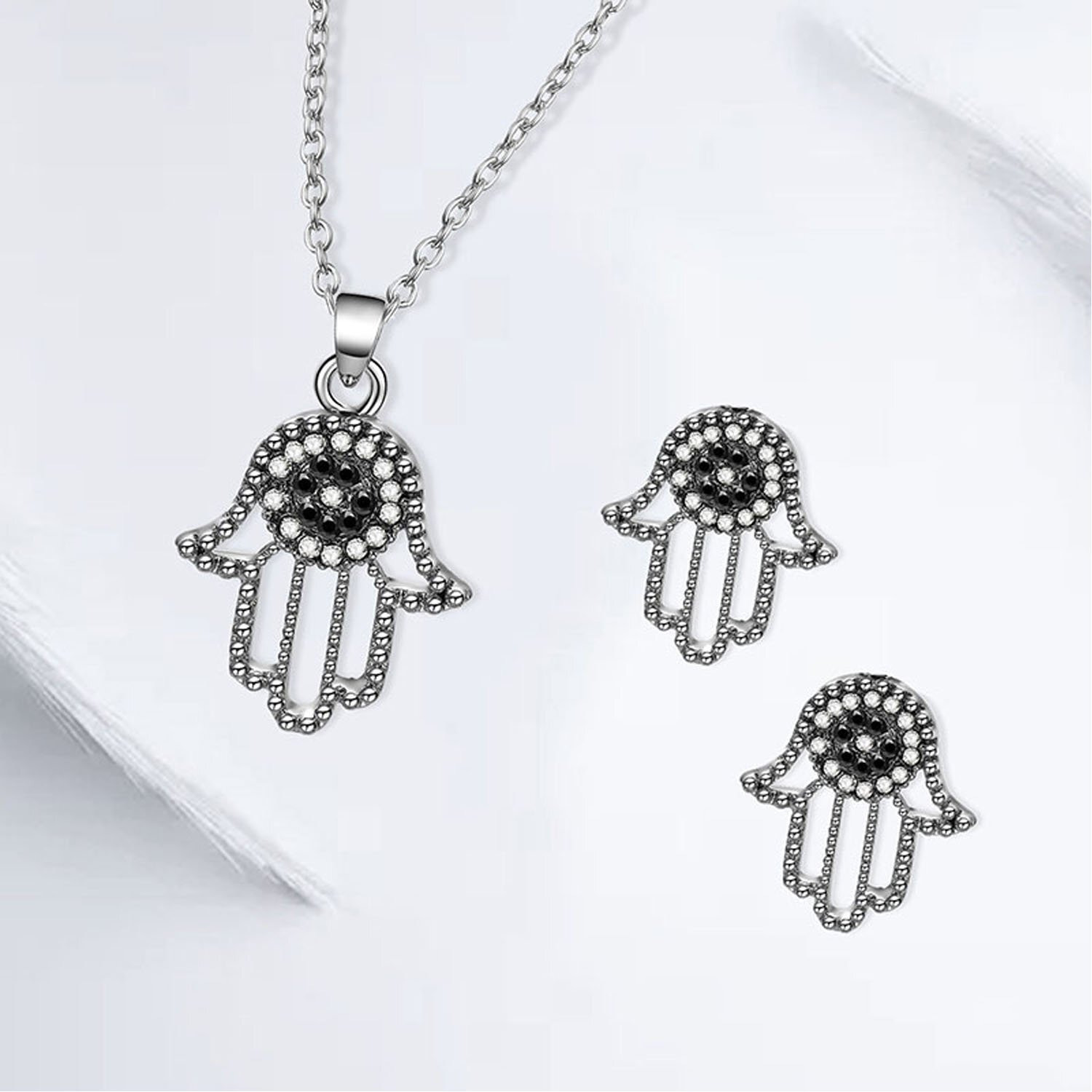 Young & Forever Gift Timeless Treasure Dvine black swarovski zirconia hamsa hand pendant set for women stylish princess length delicat silver plated chain stud earring jewelry set for girls