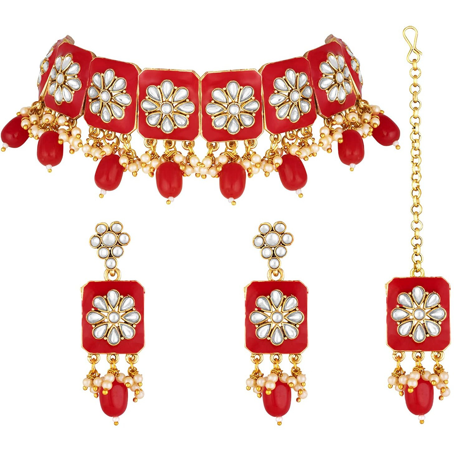 Peora Gold Plated Red Meenakari Choker Necklace Traditional Ethnic Jewellery Set for Women