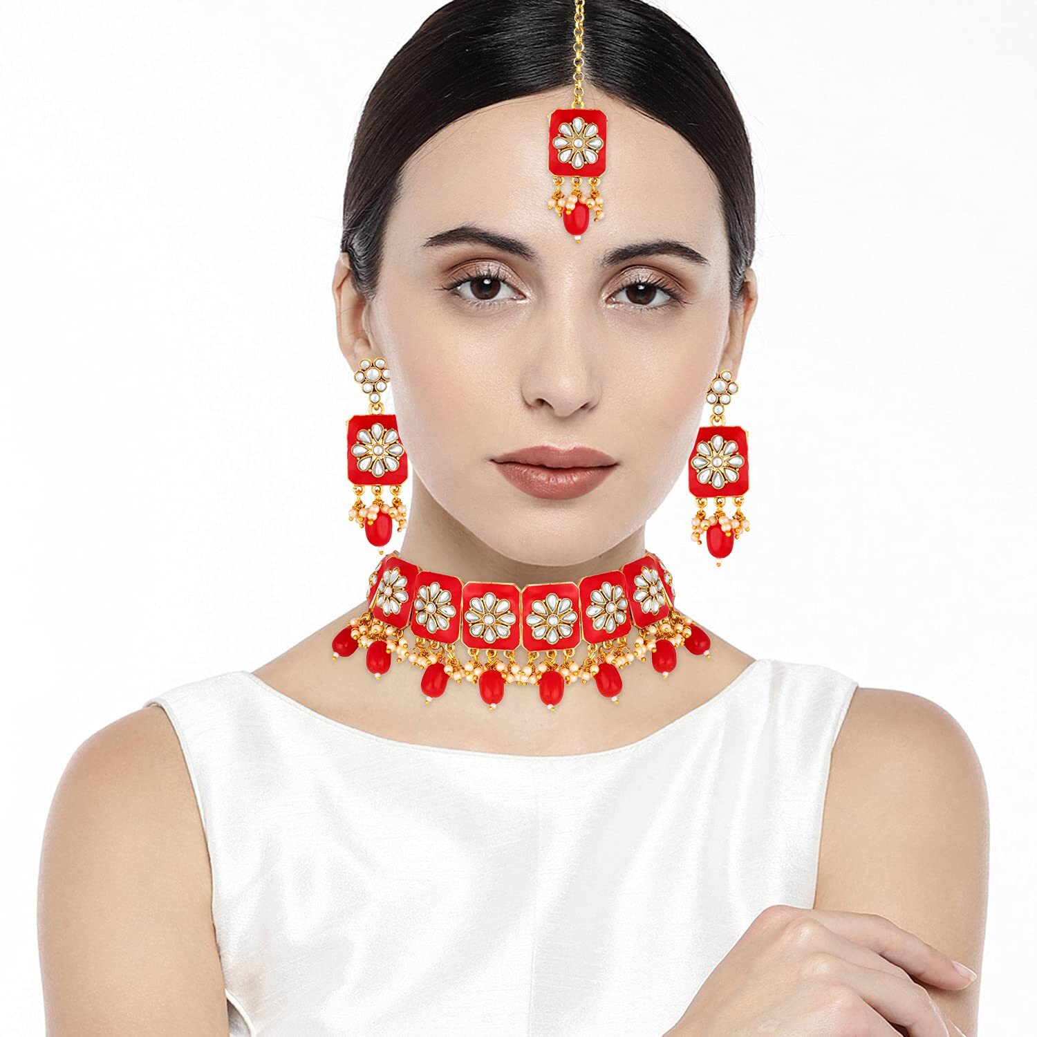 Peora Gold Plated Red Meenakari Choker Necklace Traditional Ethnic Jewellery Set for Women