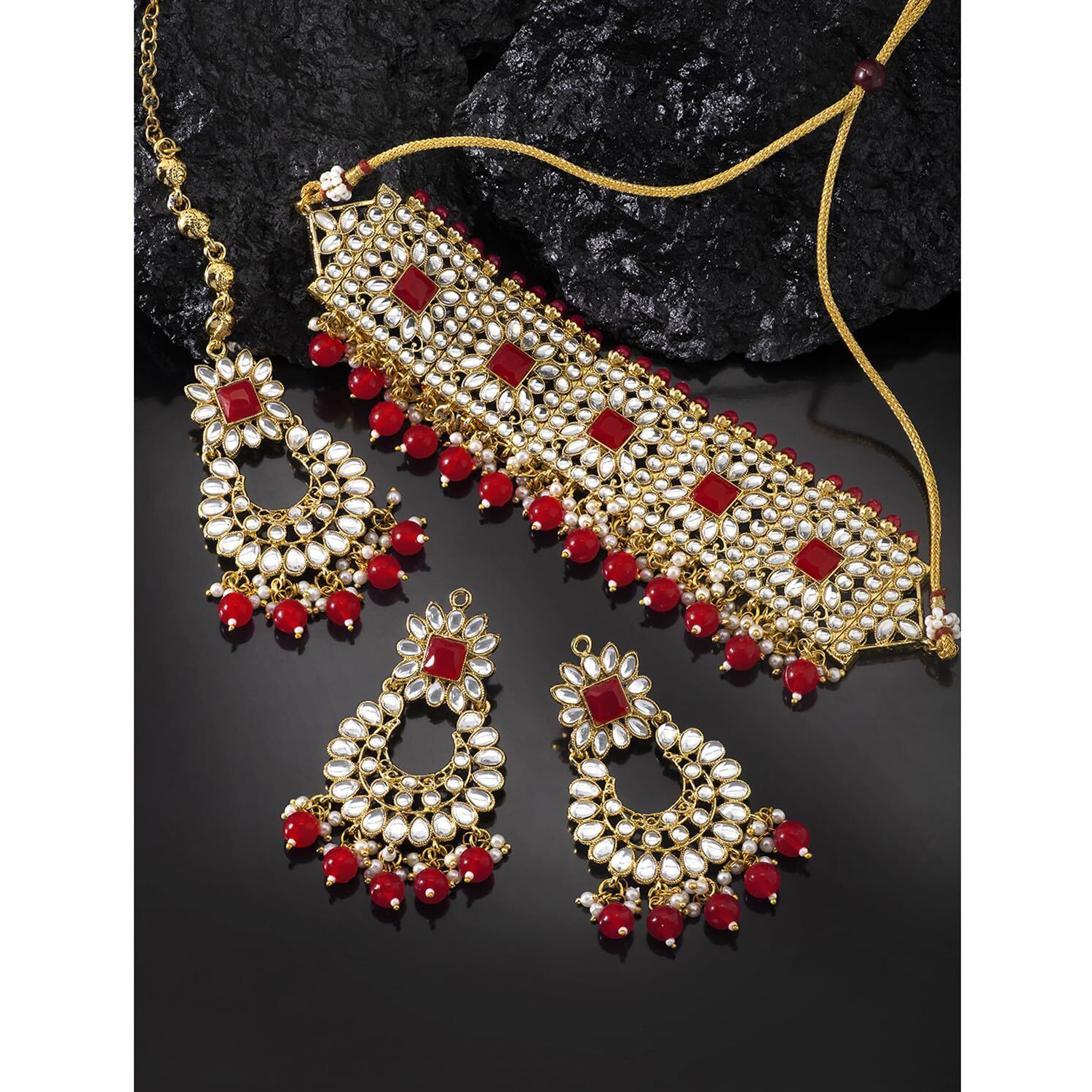 Peora Rani Padmavati Dulhan Bridal Kundan Red Faux Pearl Choker Necklace with Earrings Maang Tikka for Women Girls Indian Traditional Jewellery set