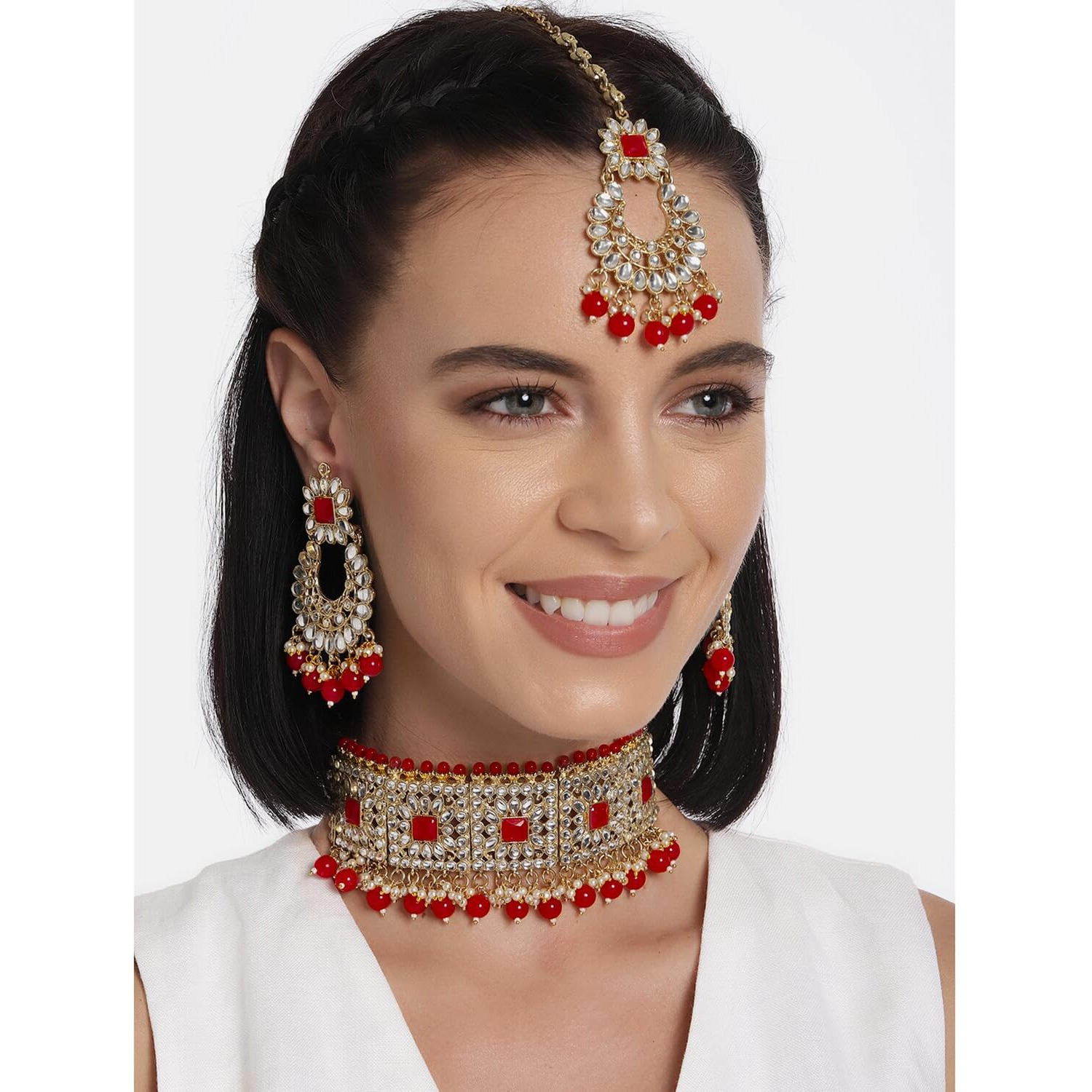 Peora Rani Padmavati Dulhan Bridal Kundan Red Faux Pearl Choker Necklace with Earrings Maang Tikka for Women Girls Indian Traditional Jewellery set
