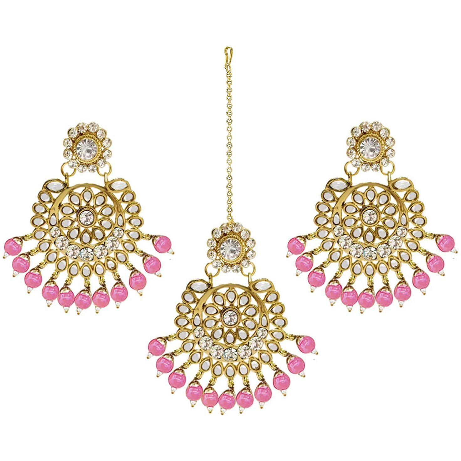 Peora Wedding Traditional 18K Gold Plated Earring Maang Tikka Jewellery Set for Women Girls (Pink)