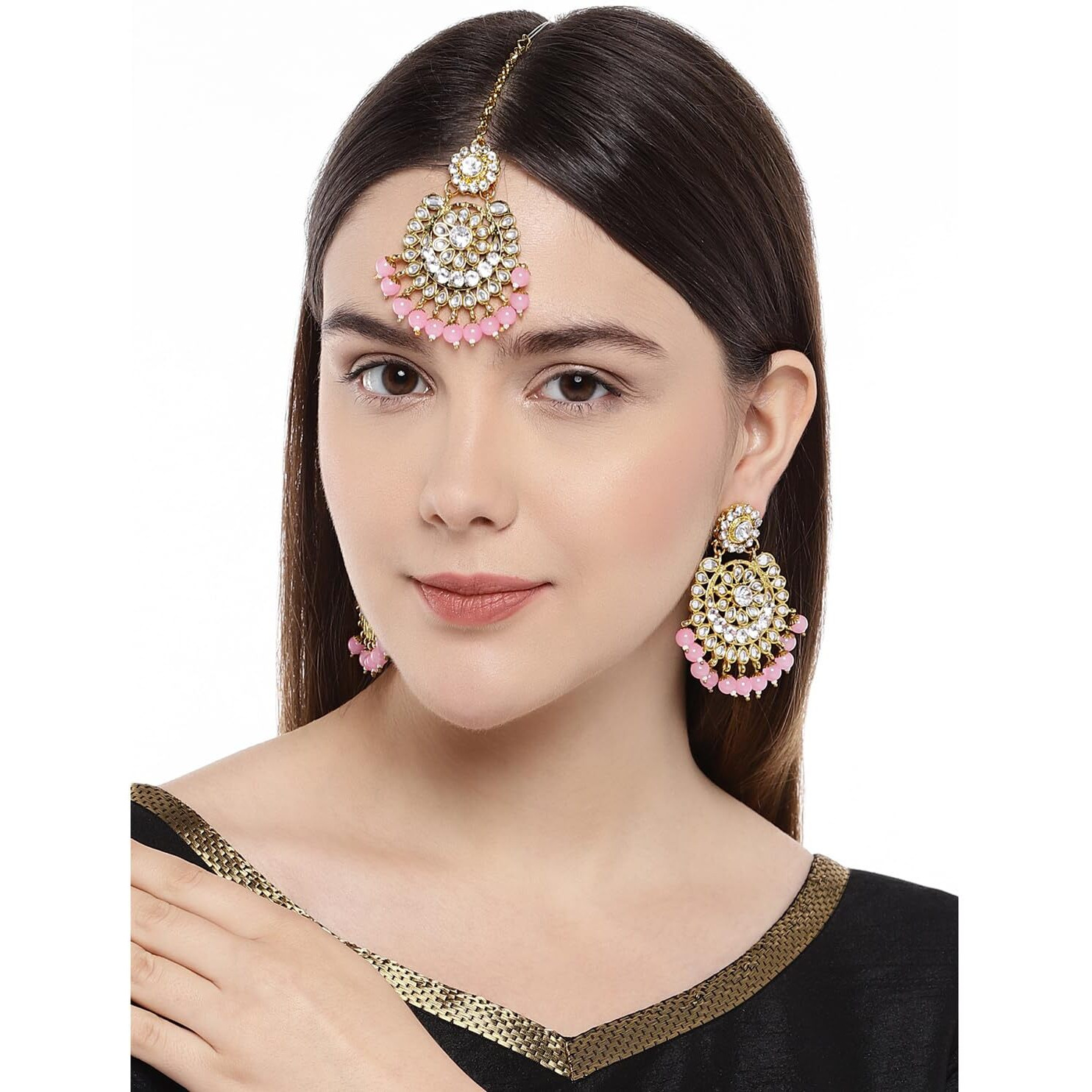 Peora Wedding Traditional 18K Gold Plated Earring Maang Tikka Jewellery Set for Women Girls (Pink)