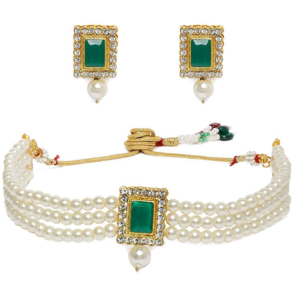 ZAVERI PEARLS Green Stones & Multistrand Pearls Ethnic Choker Necklace & Earring Set For Women-ZPFK10144
