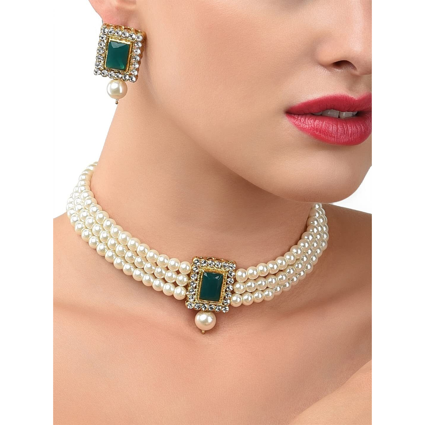 ZAVERI PEARLS Green Stones & Multistrand Pearls Ethnic Choker Necklace & Earring Set For Women-ZPFK10144