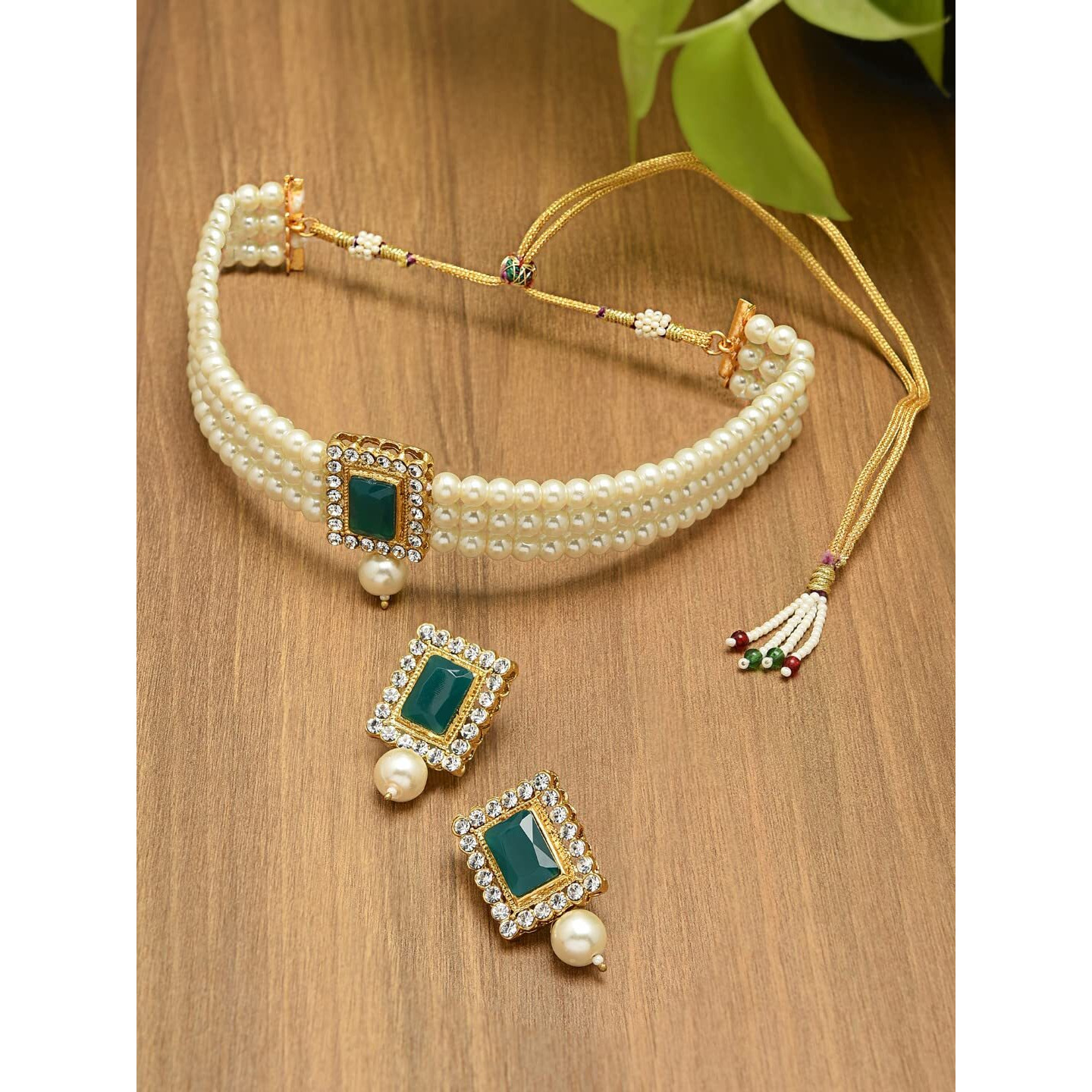 ZAVERI PEARLS Green Stones & Multistrand Pearls Ethnic Choker Necklace & Earring Set For Women-ZPFK10144