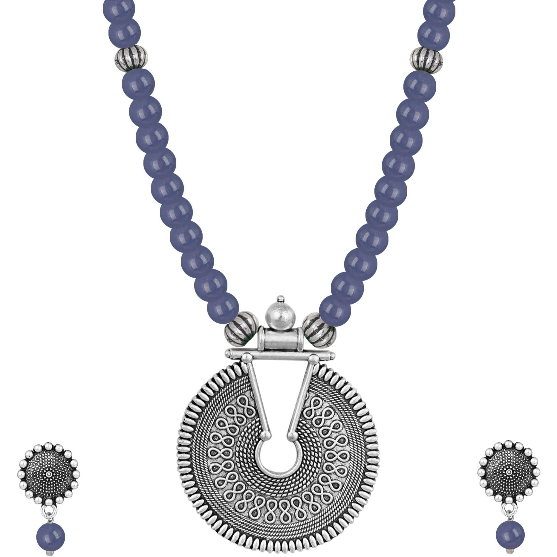 JFL - Jewellery for Less Fashionable Oxidized German Silver Key Hole Beaded Necklace with 1 pair of Earrings Set for Women and Girls(Sea Blue),Valentine