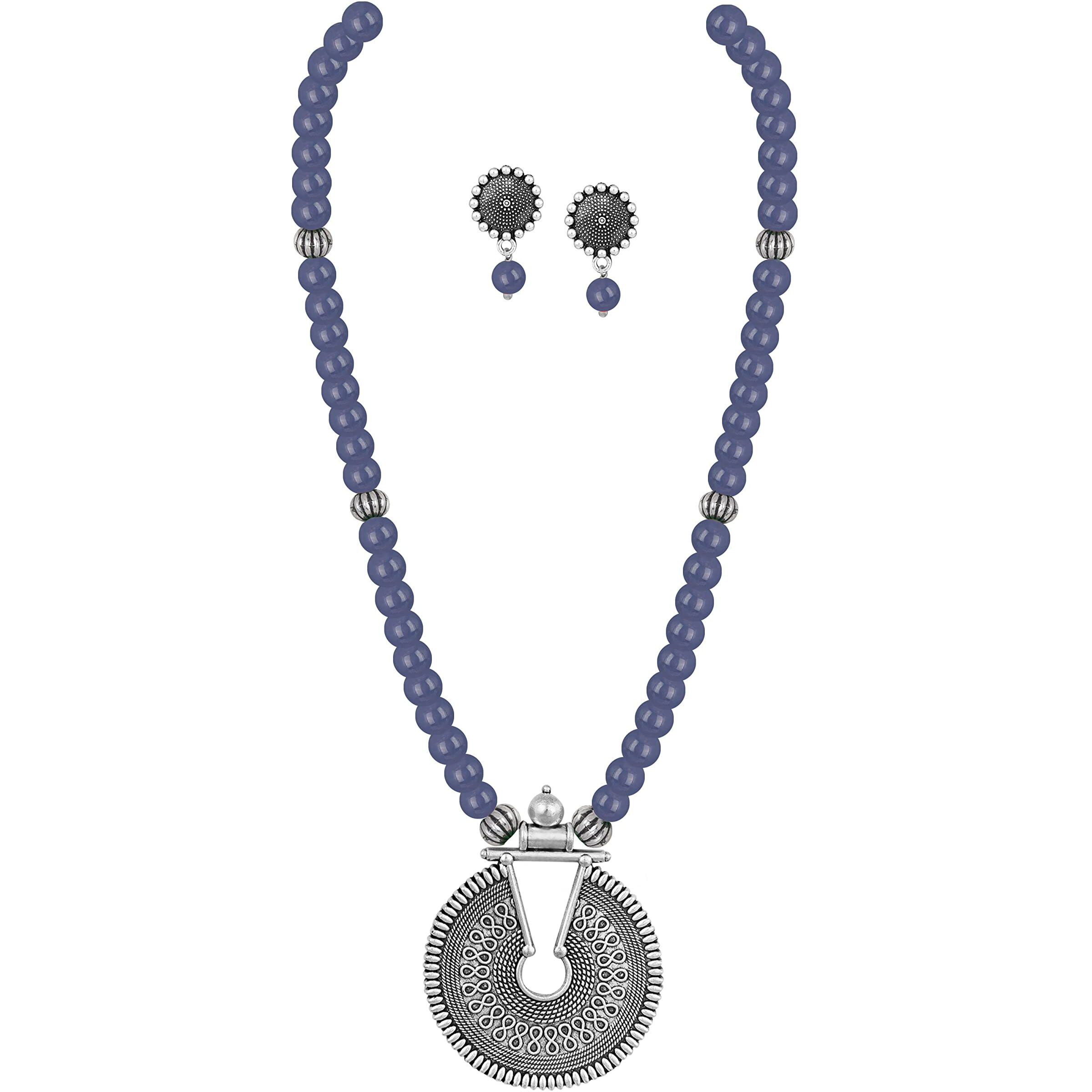 JFL - Jewellery for Less Fashionable Oxidized German Silver Key Hole Beaded Necklace with 1 pair of Earrings Set for Women and Girls(Sea Blue),Valentine
