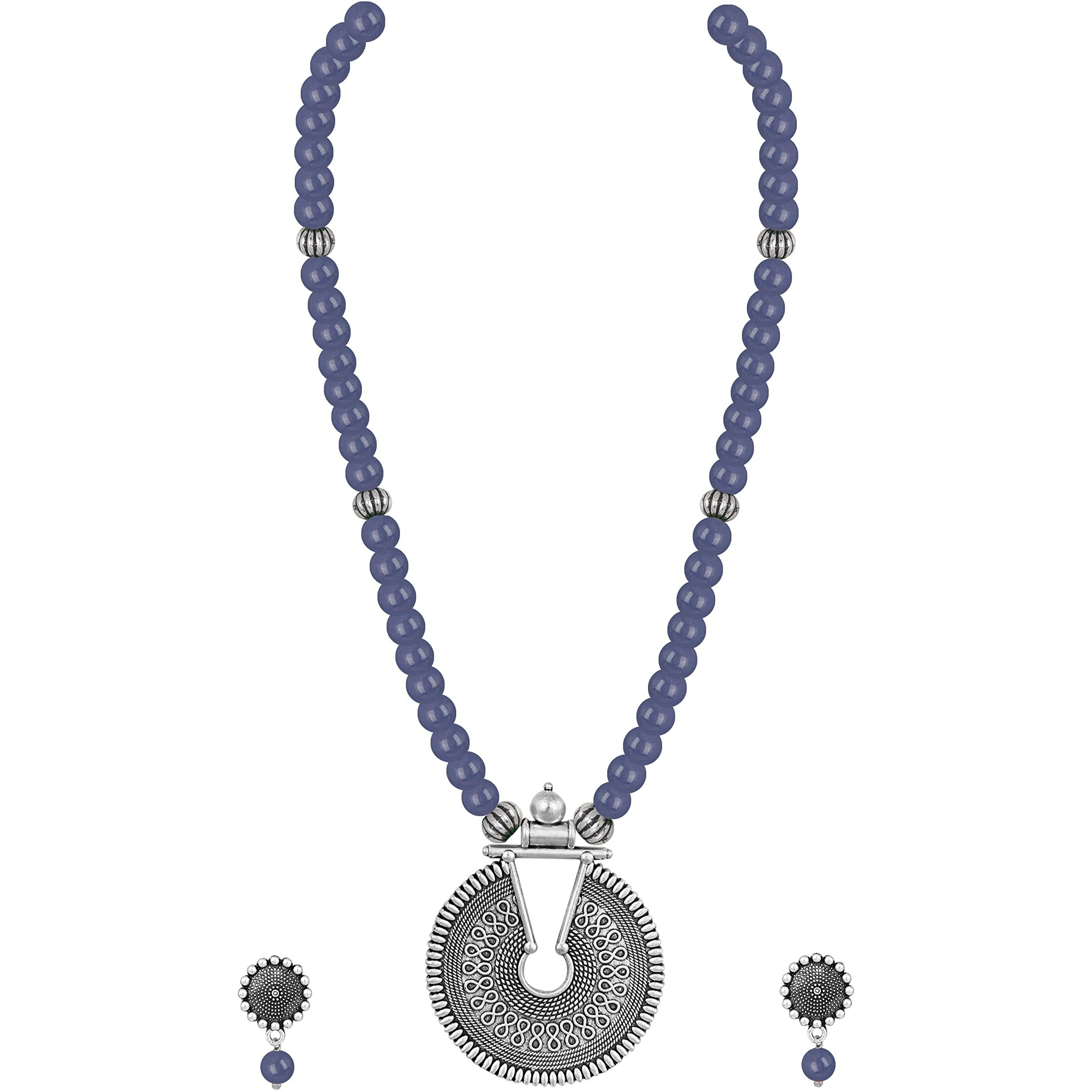 JFL - Jewellery for Less Fashionable Oxidized German Silver Key Hole Beaded Necklace with 1 pair of Earrings Set for Women and Girls(Sea Blue),Valentine