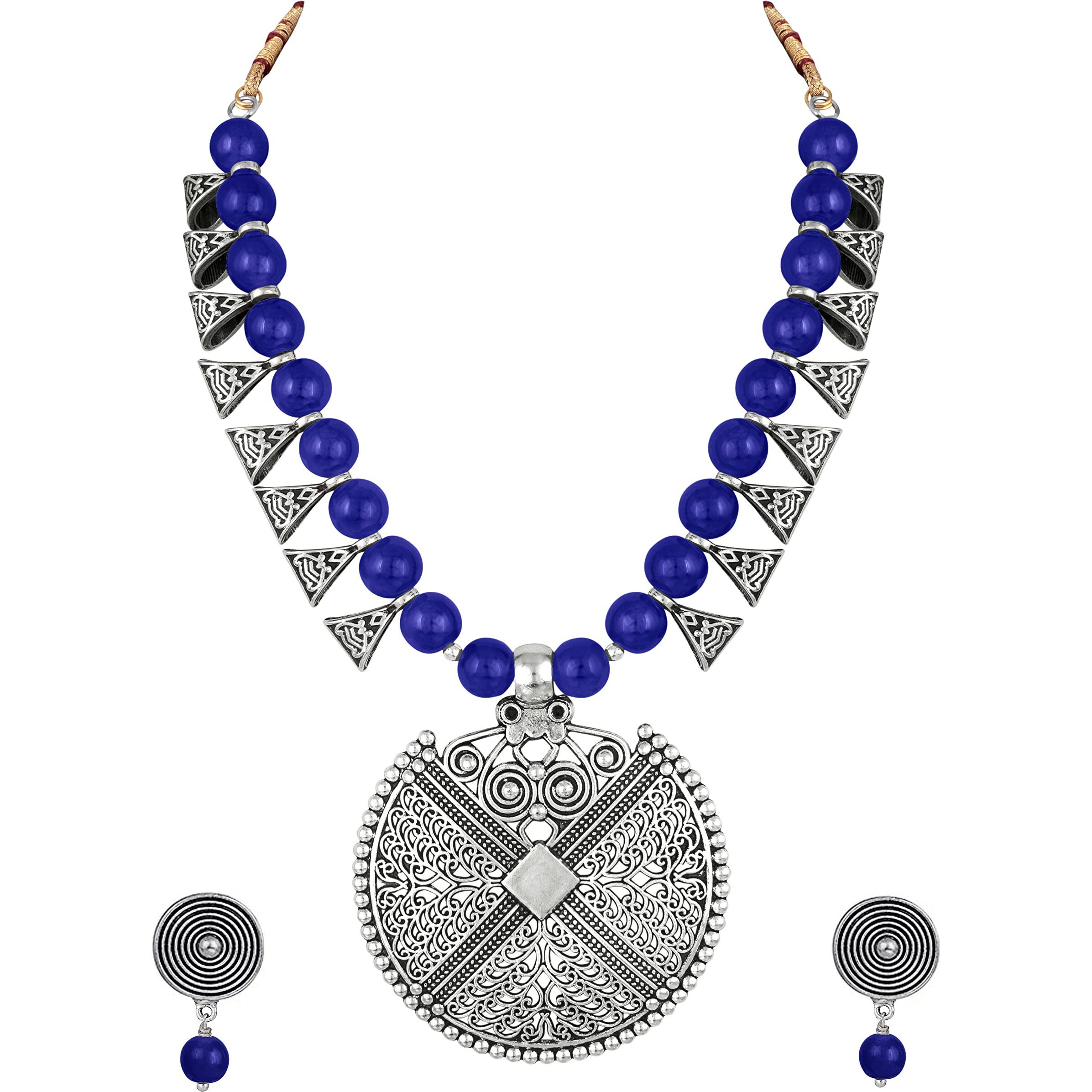 JFL - Jewellery for Less Womens Contemporary Fashion German Silver Oxidized and Beaded Choker Necklace Set with Adjustable Thread (Navy Blue),Valentine