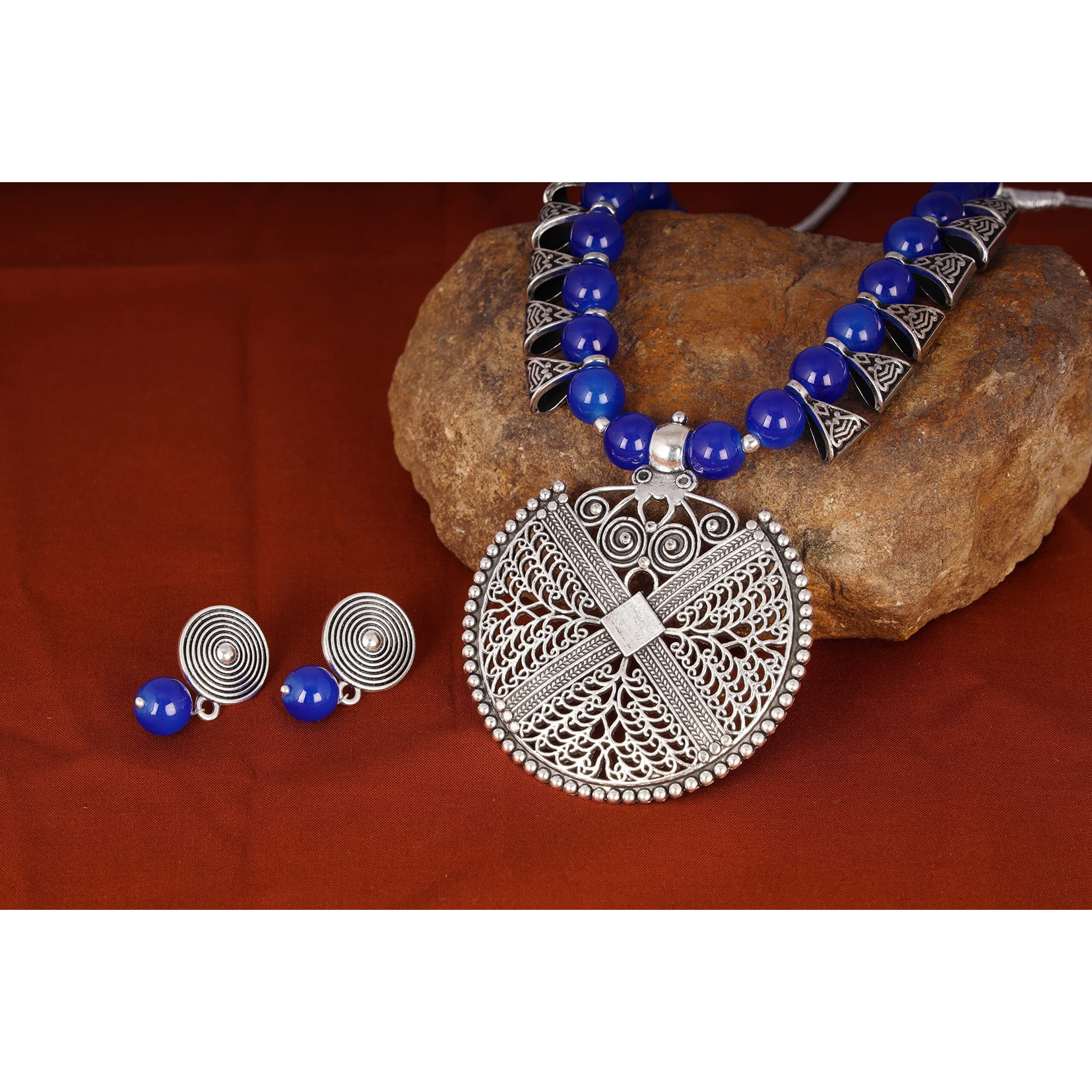 JFL - Jewellery for Less Womens Contemporary Fashion German Silver Oxidized and Beaded Choker Necklace Set with Adjustable Thread (Navy Blue),Valentine
