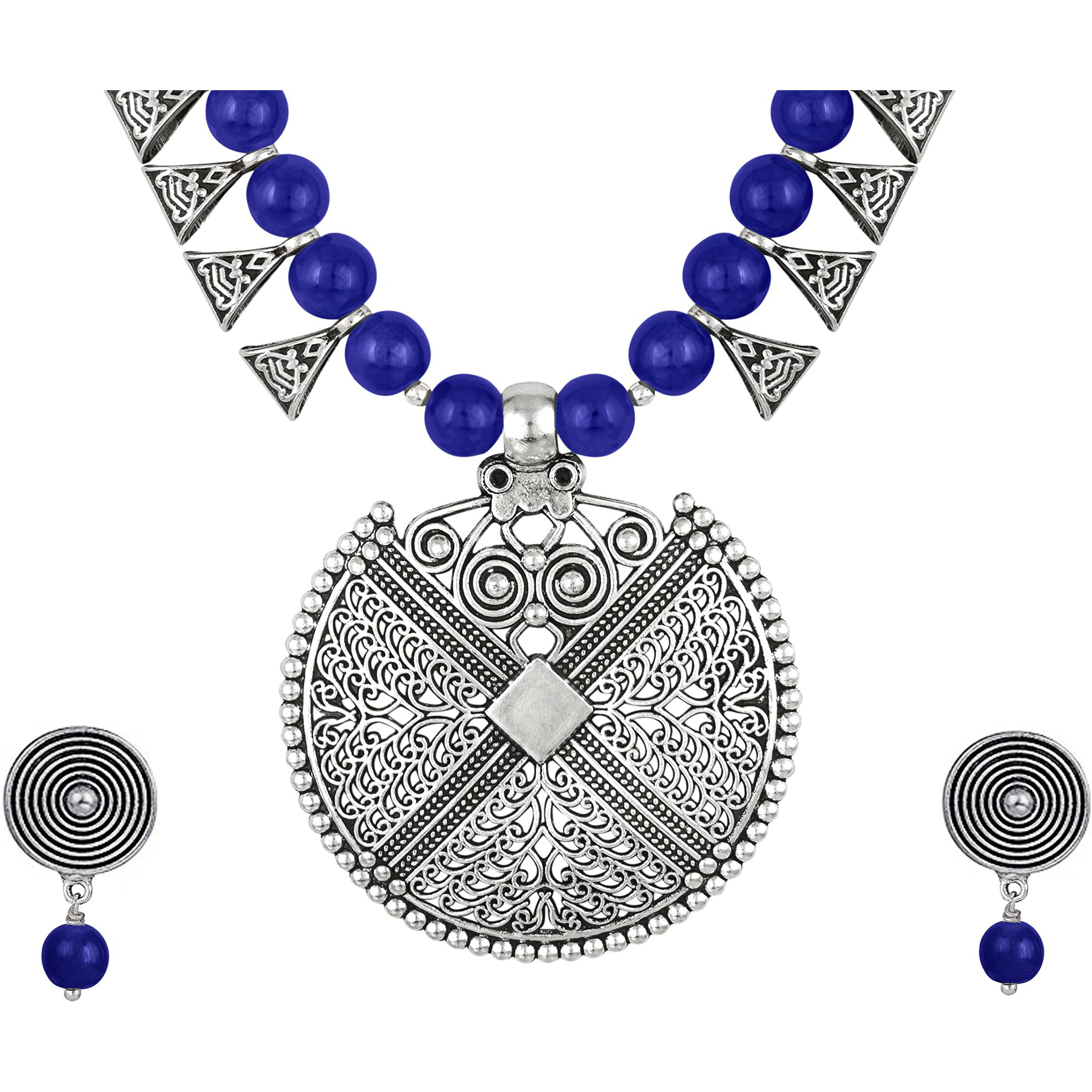JFL - Jewellery for Less Womens Contemporary Fashion German Silver Oxidized and Beaded Choker Necklace Set with Adjustable Thread (Navy Blue),Valentine