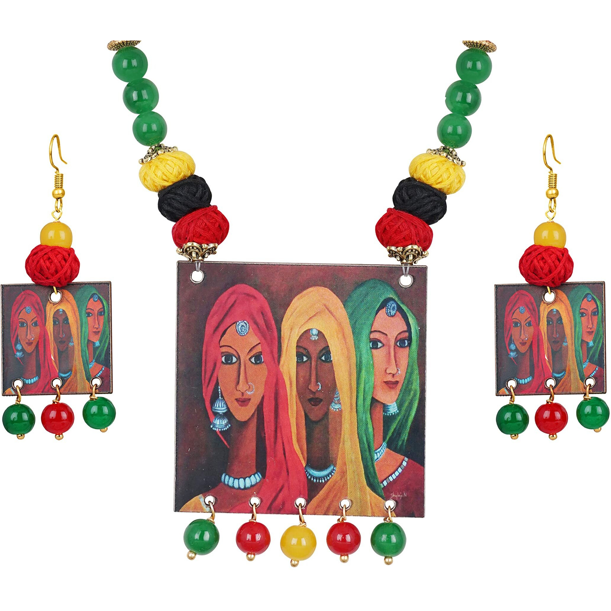 JFL - Jewellery for Less Handcrafted Rajasthani Women Painting Print Beaded and cotton ball thread Designer Necklace Set for Women and Girls (Multicolor),Valentine