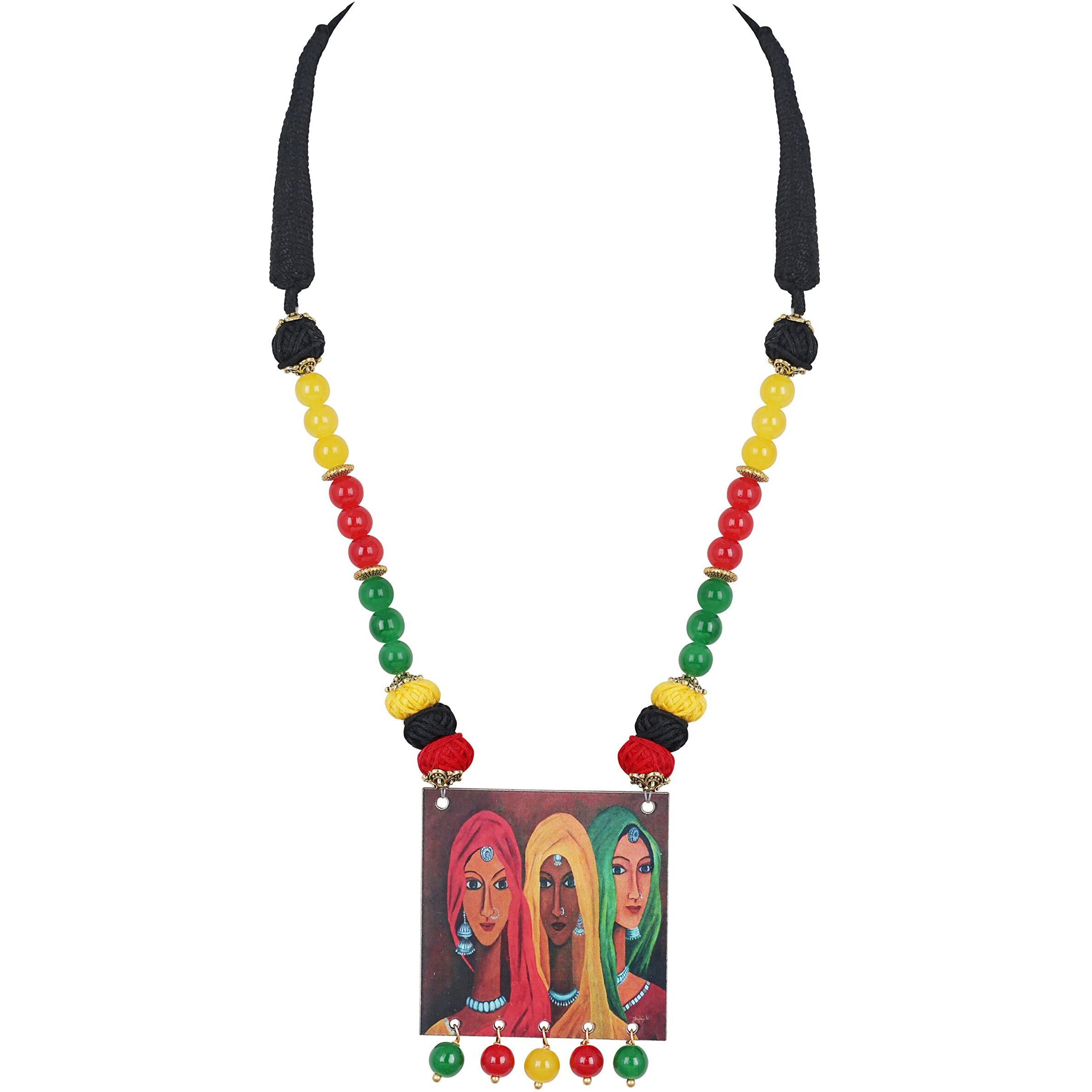 JFL - Jewellery for Less Handcrafted Rajasthani Women Painting Print Beaded and cotton ball thread Designer Necklace Set for Women and Girls (Multicolor),Valentine