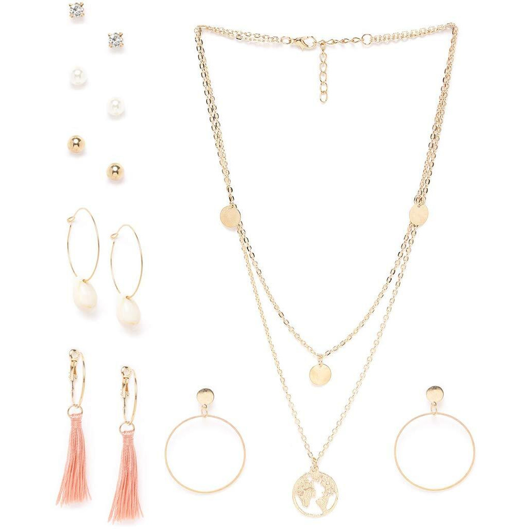 Jewels Galaxy Best Valentine Gifts Limited Edition Set of 6 Gold Plated Stud & Drop Earrings With a Layered Necklace (JG-PC-ERGG-183)